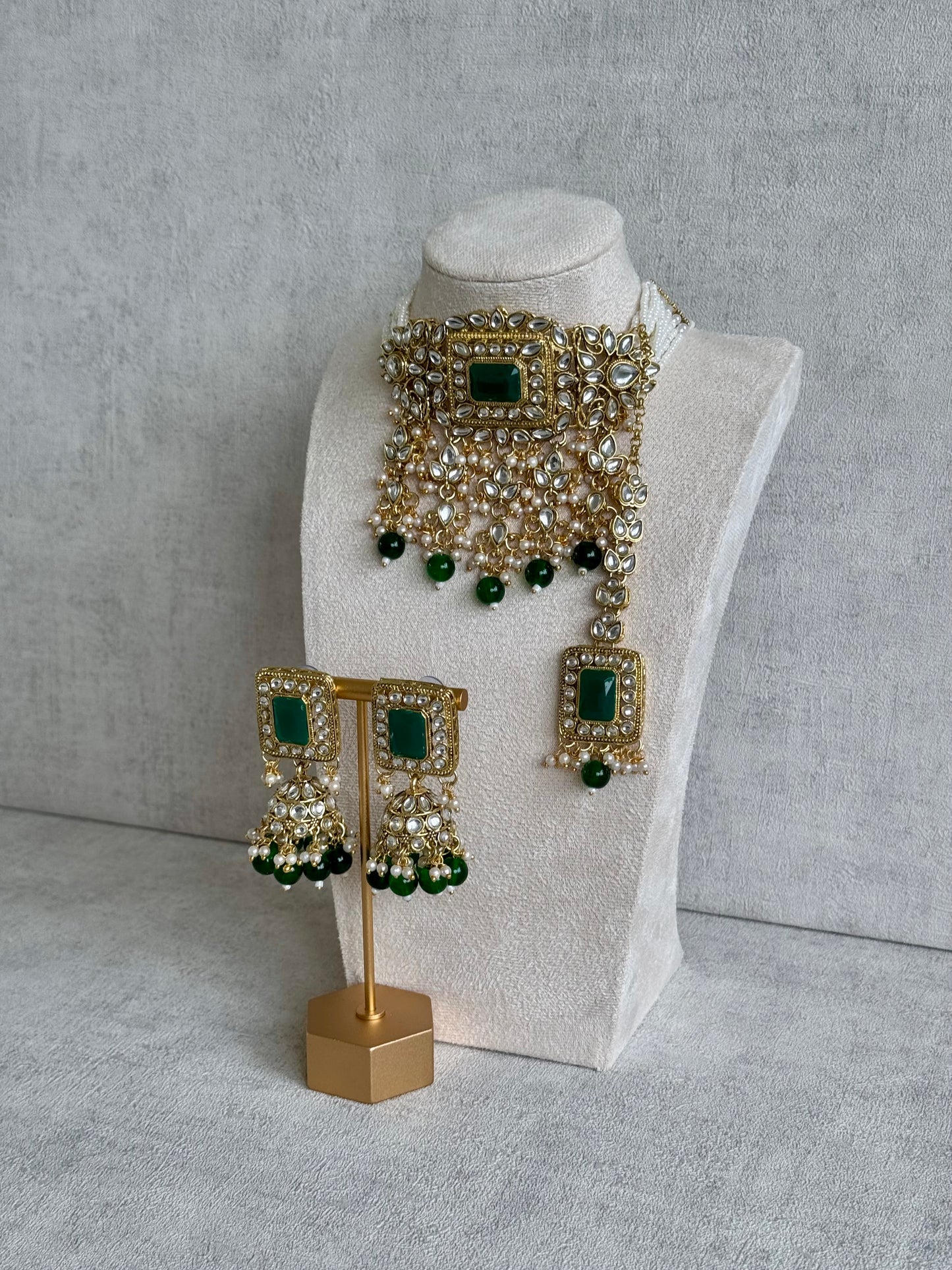 Ayura Designs Maya Set with Jhumkis & Tikka – Emerald Green Stones & Kundan Detailing