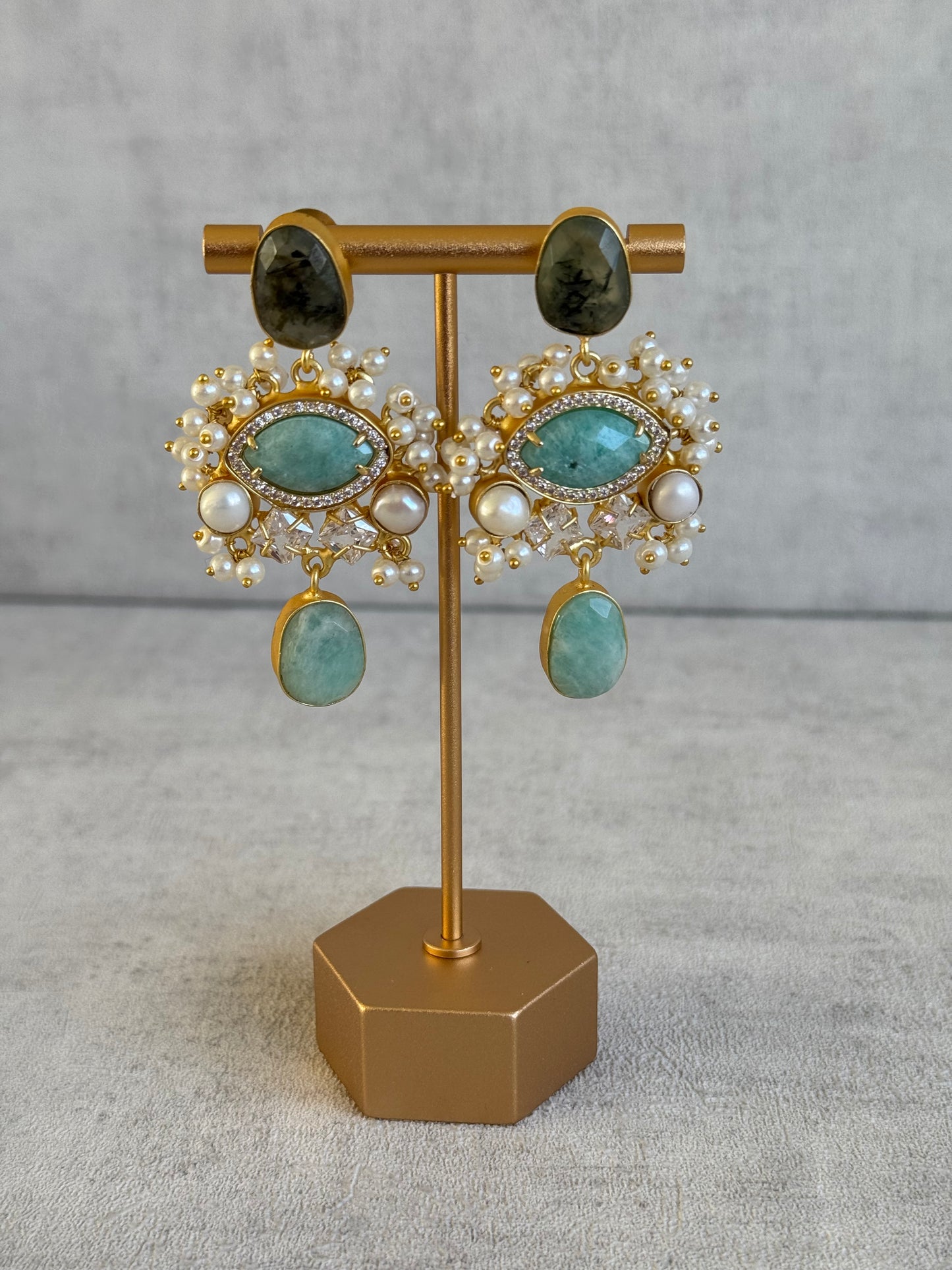 Ayura Designs Aurelia Earrings – Amazonite, Dark Quartz, Pearls & Crystals