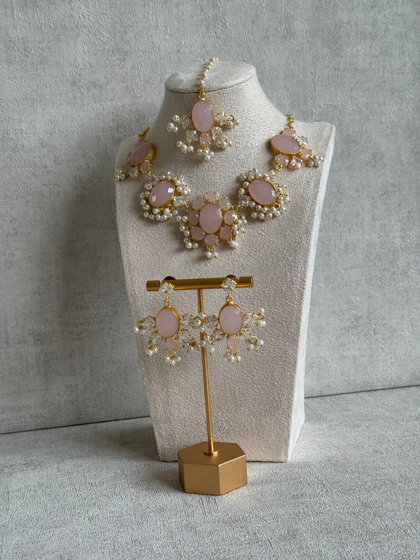Ayura Designs Parisa Set with Tikka & Earrings – Rose Quartz, Crystals & Pearls