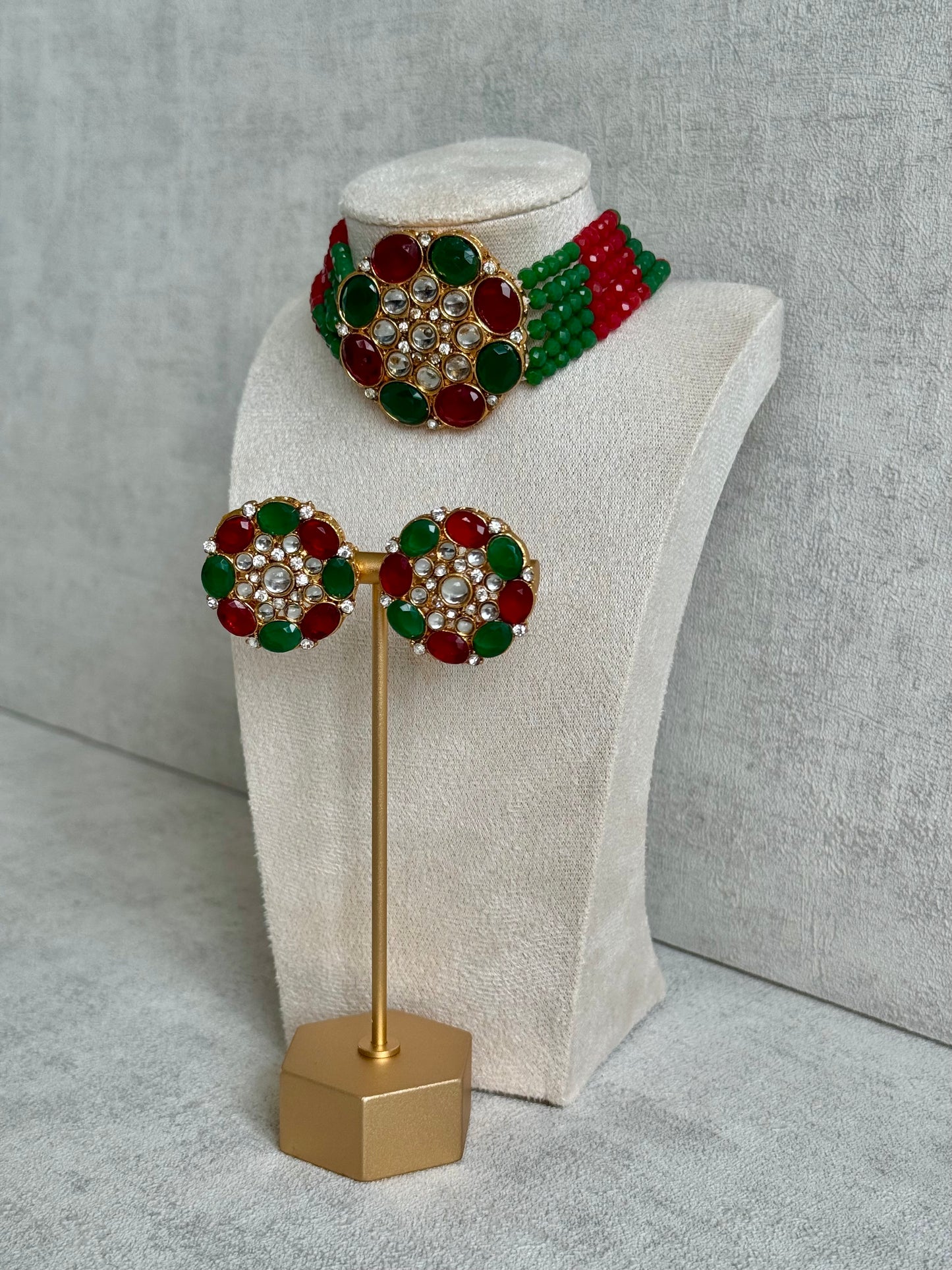 Ayura Designs Yasmin Kundan Choker Set with Studs – Ruby Red & Emerald Green Beads with Mirror-Cut Stones