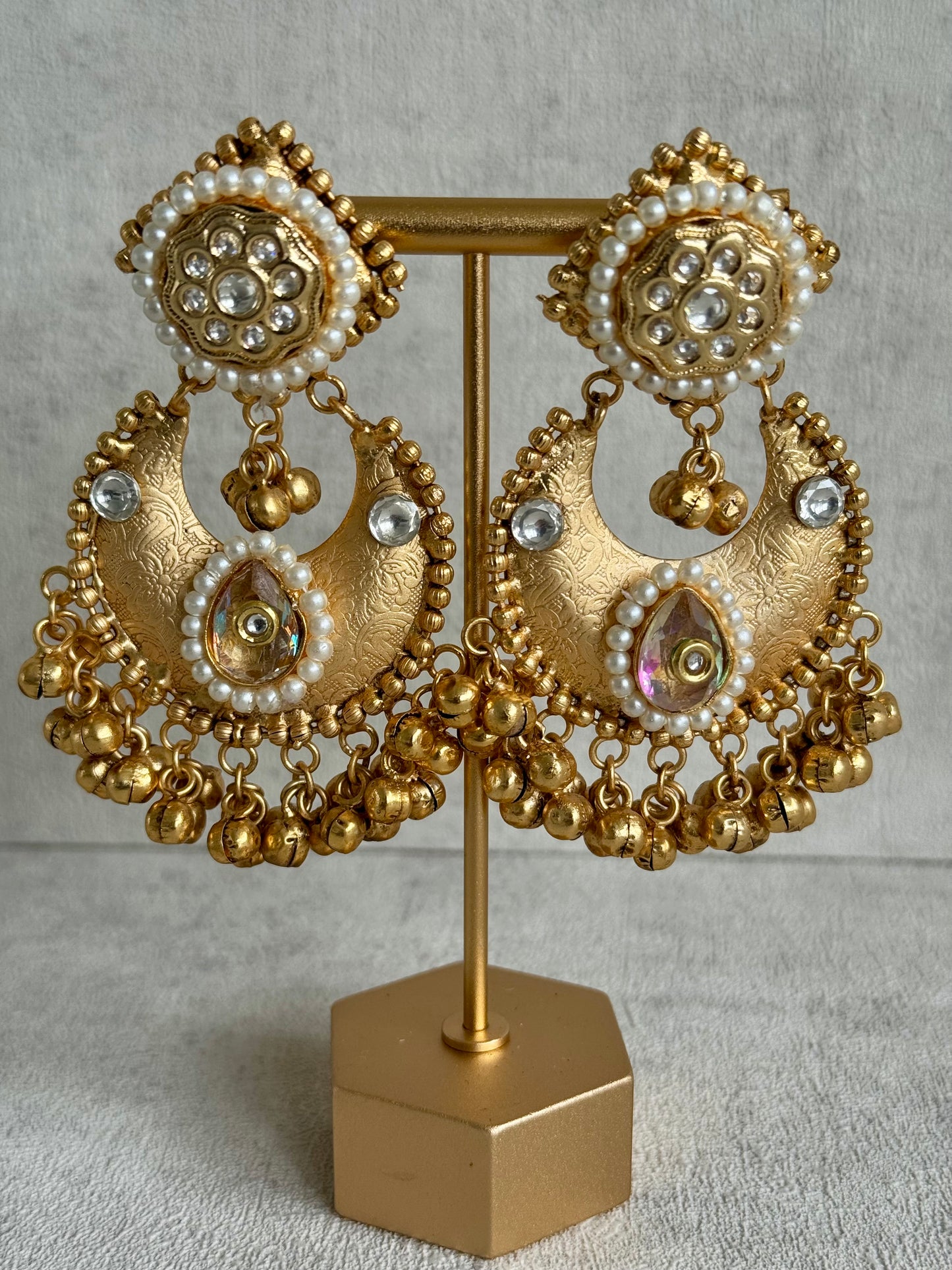 Ayura Designs Naaz Earrings – Antique Gold Jhumkas with Iridescent Teardrop Stone, Pearl Embellishments & Ghungroo Detailing