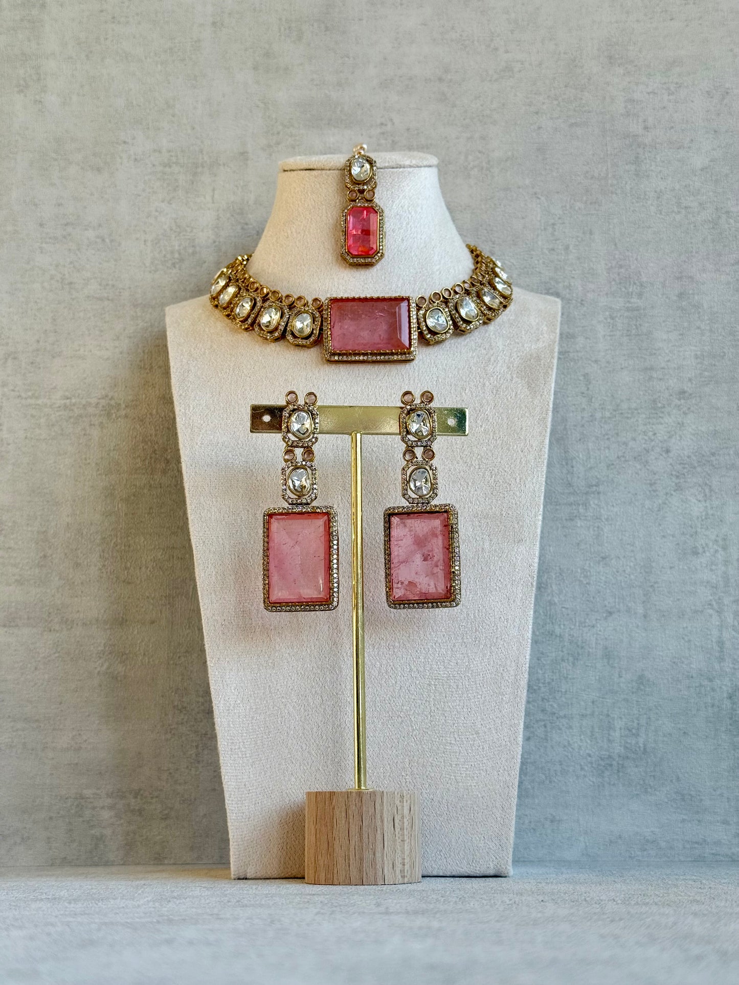 Ayura Designs Clara Set with Earrings and Tikka – Rose Quartz Pink Stones with Moissanite and Antique Gold Finish
