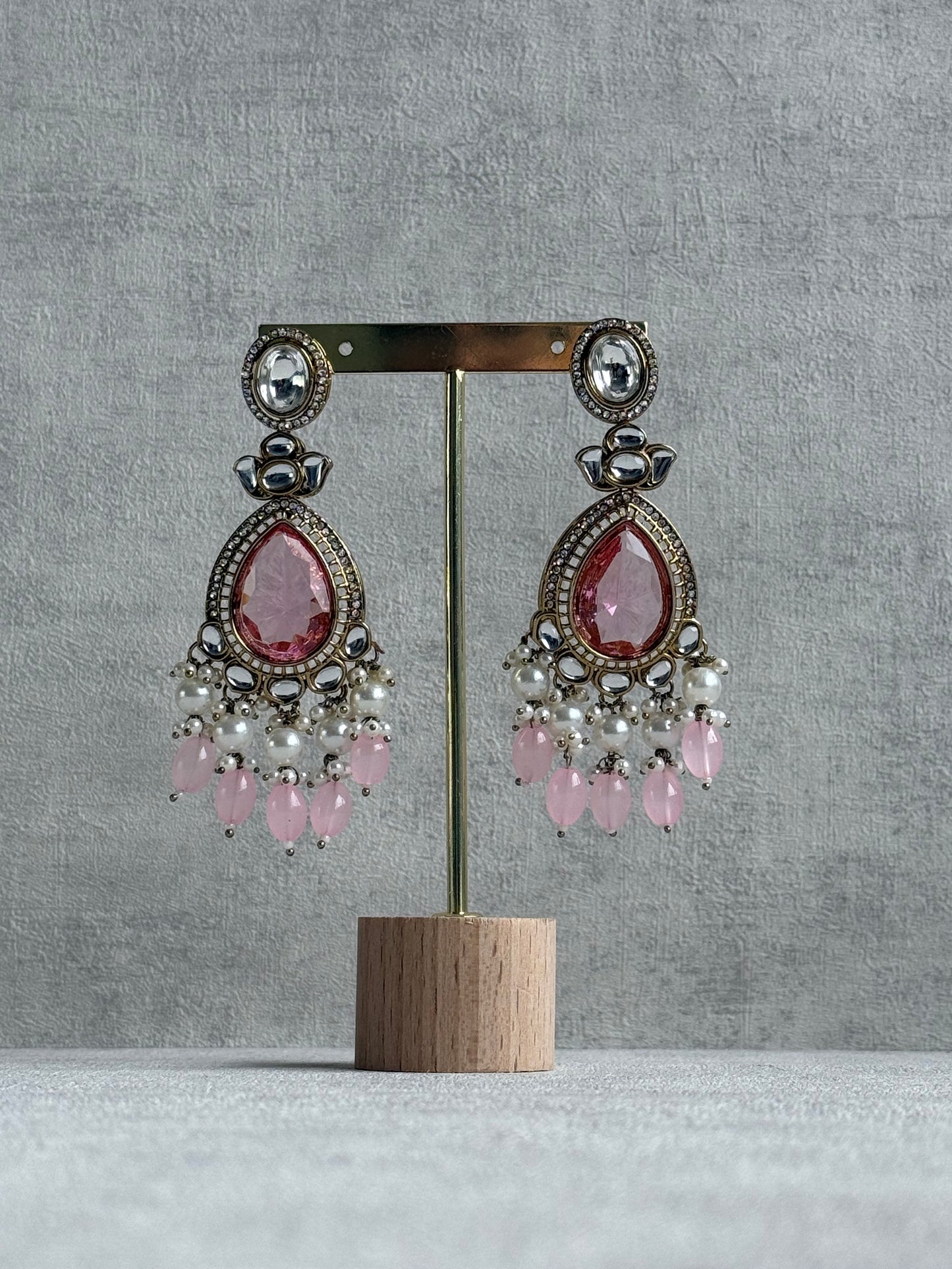 Ayura Designs Nageen Earrings – Antique Gold Jhumkis with Rose Pink Stones, Mirror-Cut Accents & Pearl Drops