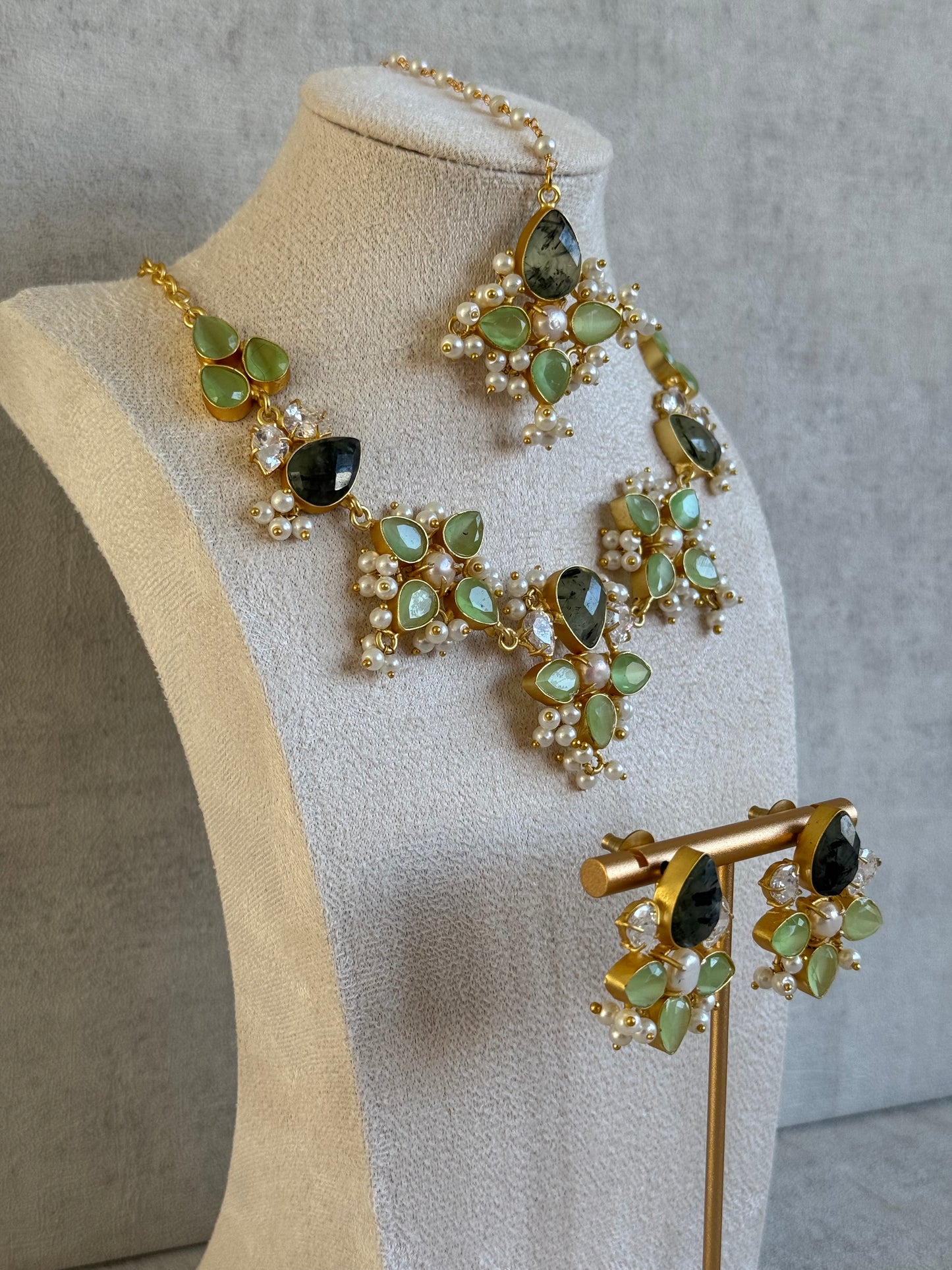 Ayura Designs Zaria Set with Tikka & Earrings – Prehnite, Dark Quartz, Pearls & Crystals