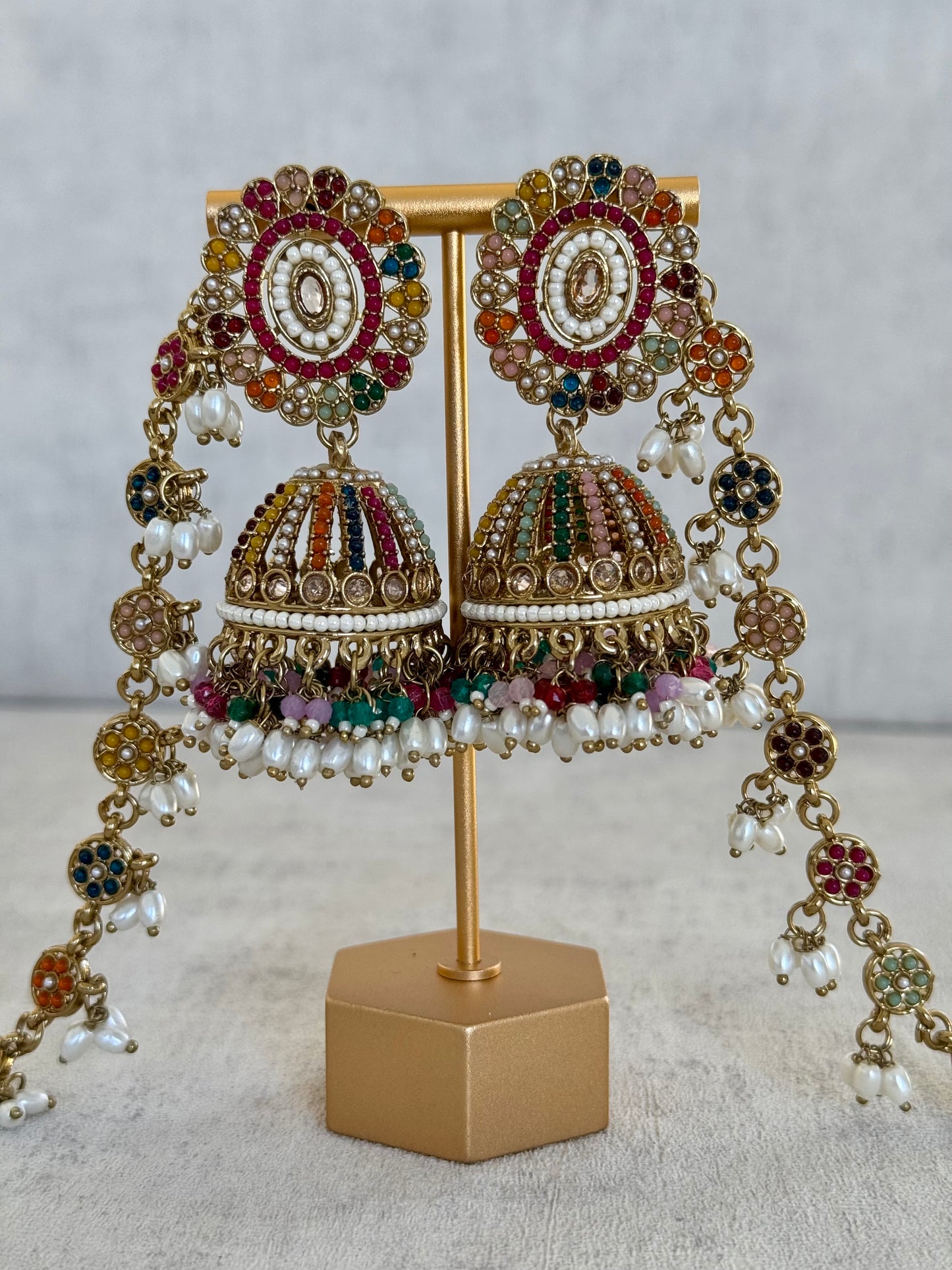 Ayura Designs Satrang Jhumkis – Kundan & Pearl with Multicolor Beaded Sahare