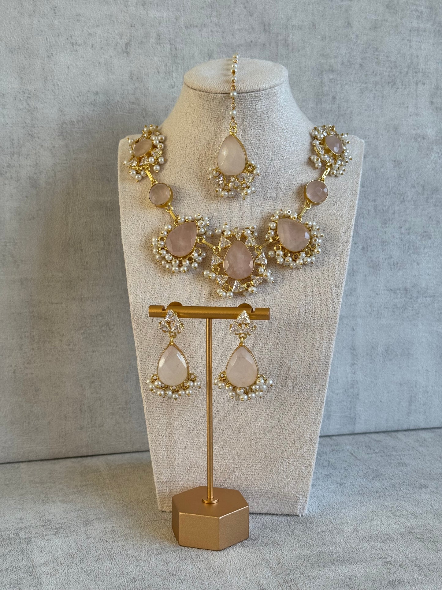 Ayura Designs Rosa Set with Tikka & Earrings – Rose Quartz, Crystals & Pearls