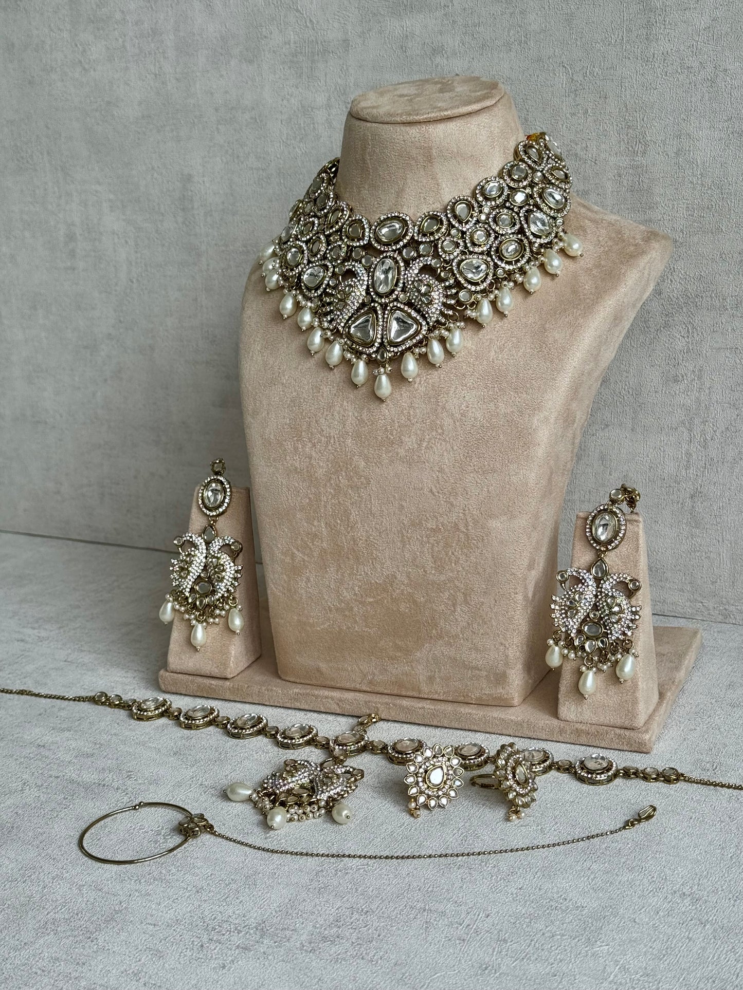 Ayura Designs Tajdar Bridal Set with Necklace, Jhumkis, Tikka, Nath, Ring & Sheeshphool – Jadau Kundan Craftsmanship with Mirror-Cut Polki, Ivory Pearl Drops & Antique Silver-Gold Finish