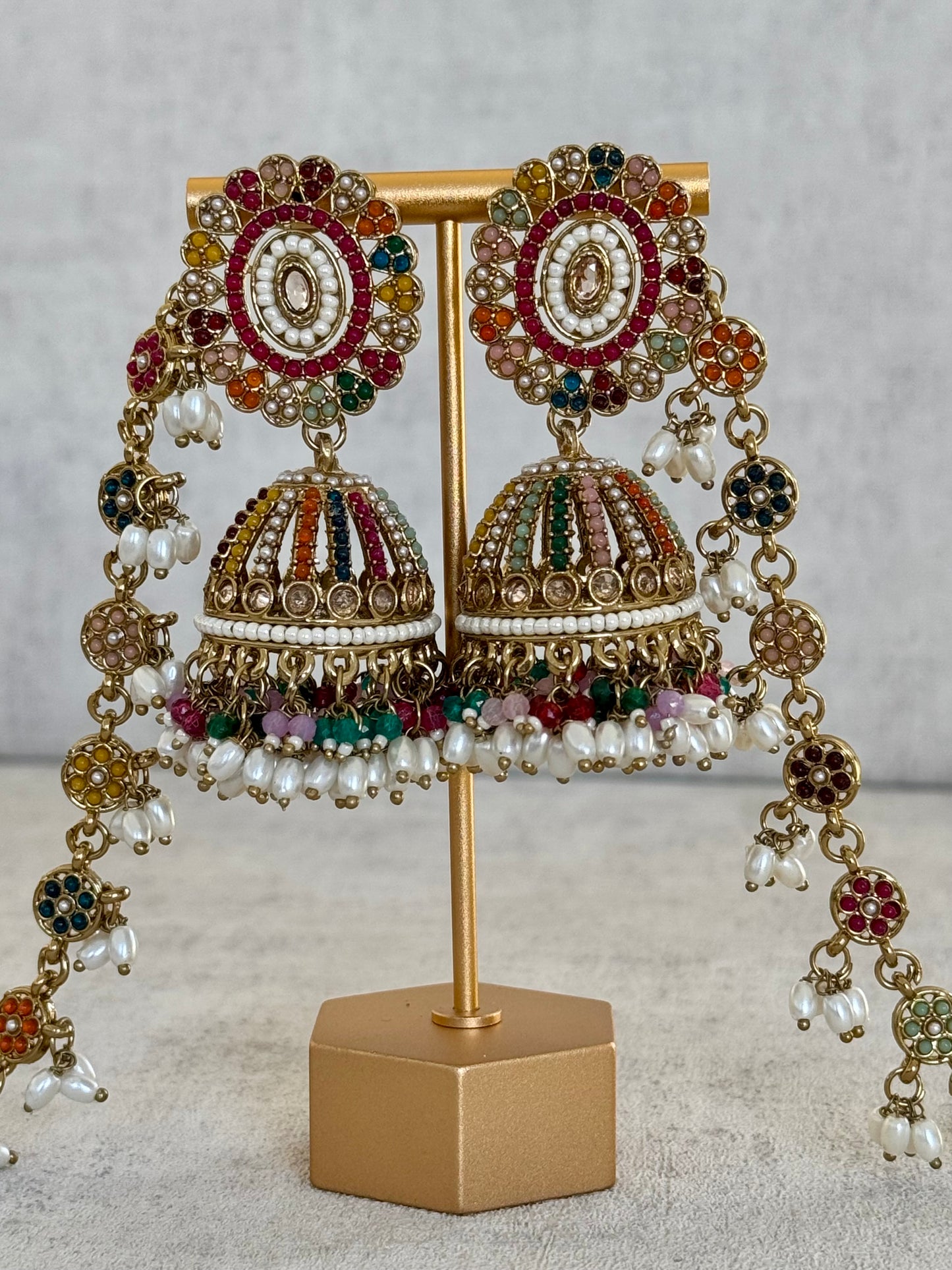 Ayura Designs Satrang Jhumkis – Kundan & Pearl with Multicolor Beaded Sahare