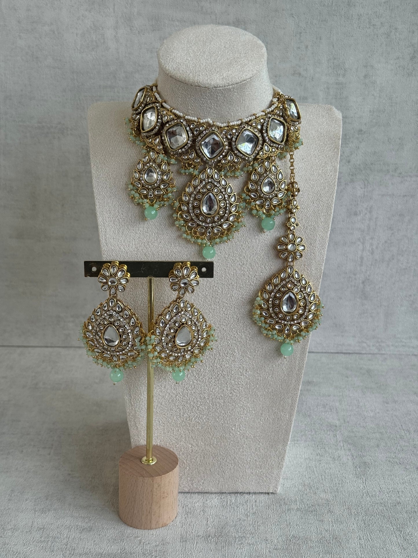 Ayura Designs Kirpa Choker Set with Earrings & Tikka – Mirror-Cut Stones & Pistachio Green Beads