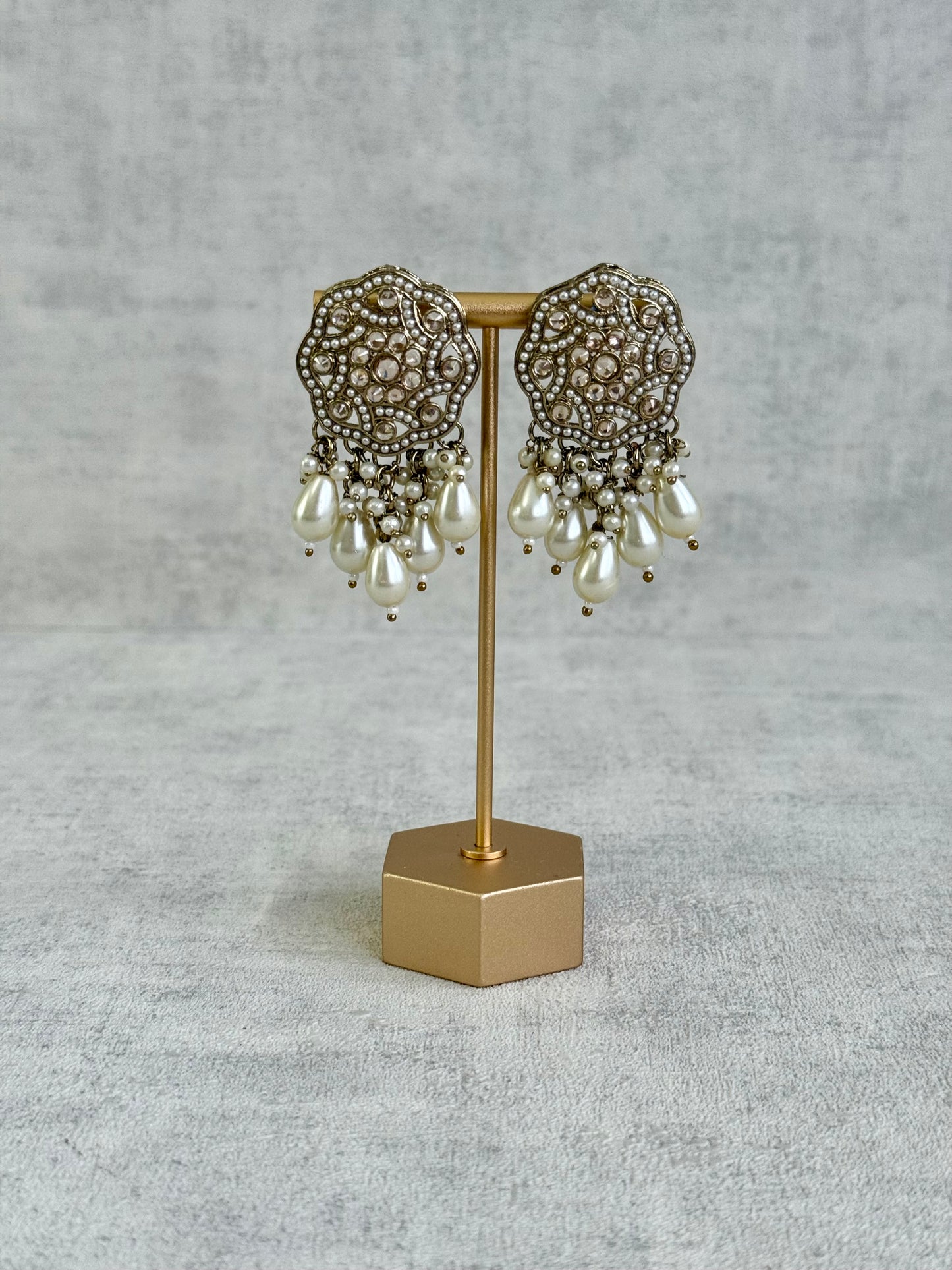 Ayura Designs Aynoor Halo Petal Earrings – Antique Gold Finish with Mirror-Cut Stones & Pearl Drops