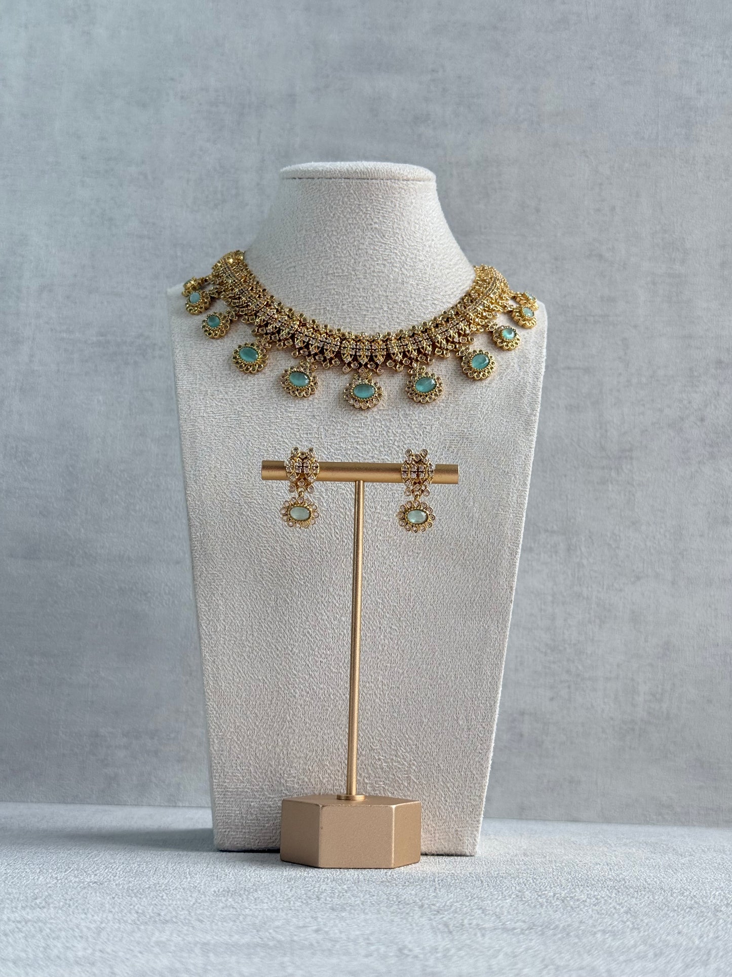 Ayura Designs Elisha Necklace Set with Earrings – Mint Green & Crystal Stone Detailing