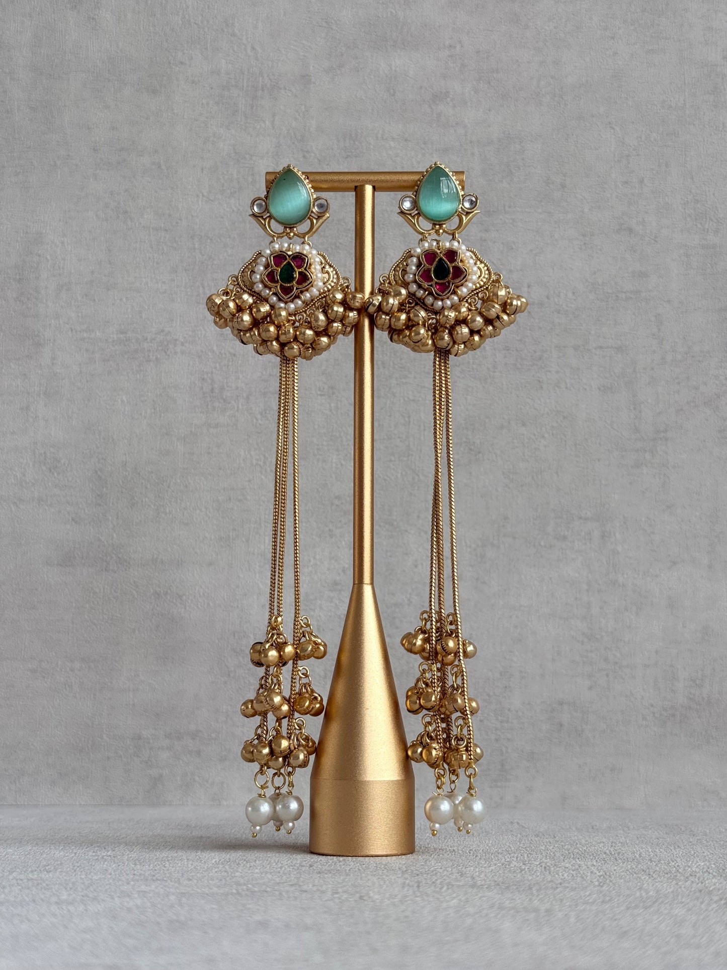 Ayura Designs Nishat Earrings – Kashmiri Duster Earrings with Mint Green Stones, Pearl Drops & Ghungroo Detailing