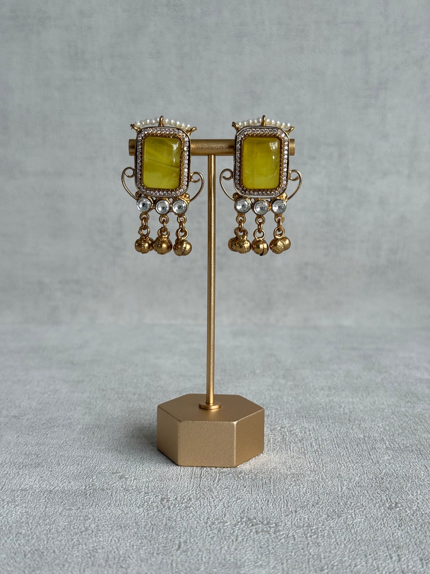 Ayura Designs Aleena Earrings – Marigold Stone Stud Earrings with Pearls & Ghungroo Detailing