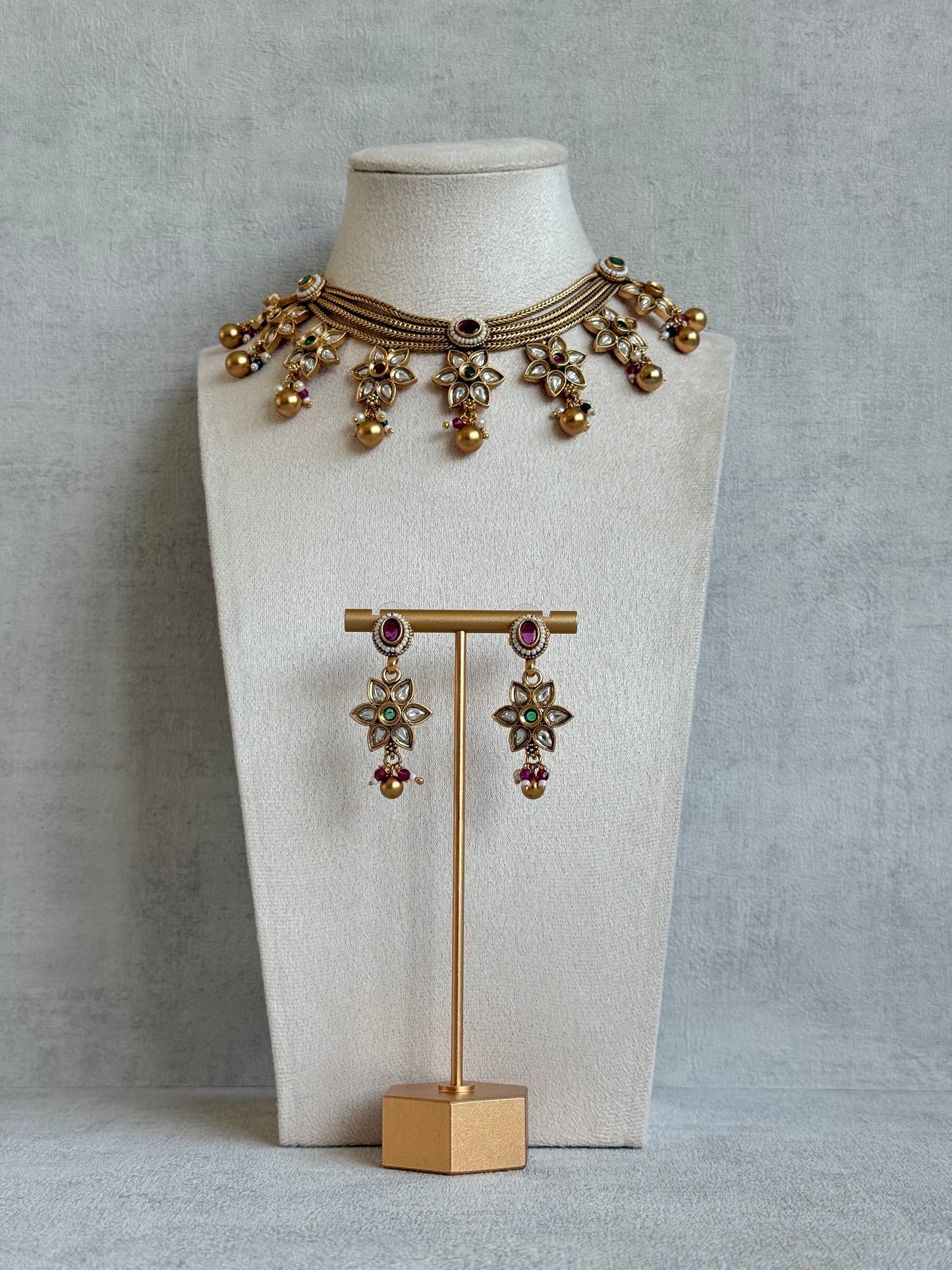 Ayura Designs Daksha Necklace Set with Earrings – Gold Layered Chain Necklace with Ruby Pink & Emerald Green Kundan Floral Motifs