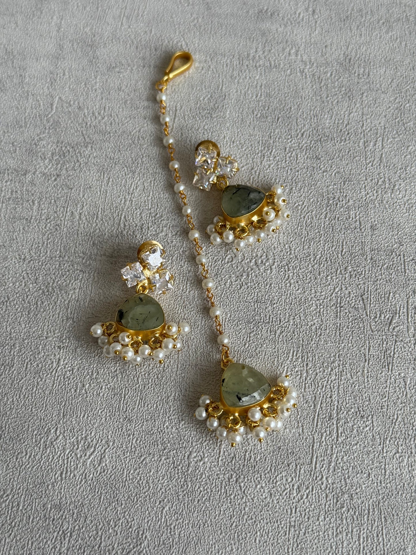Ayura Designs Lala Set with Tikka & Earrings – Prehnite, Swarovski Crystals & Pearls