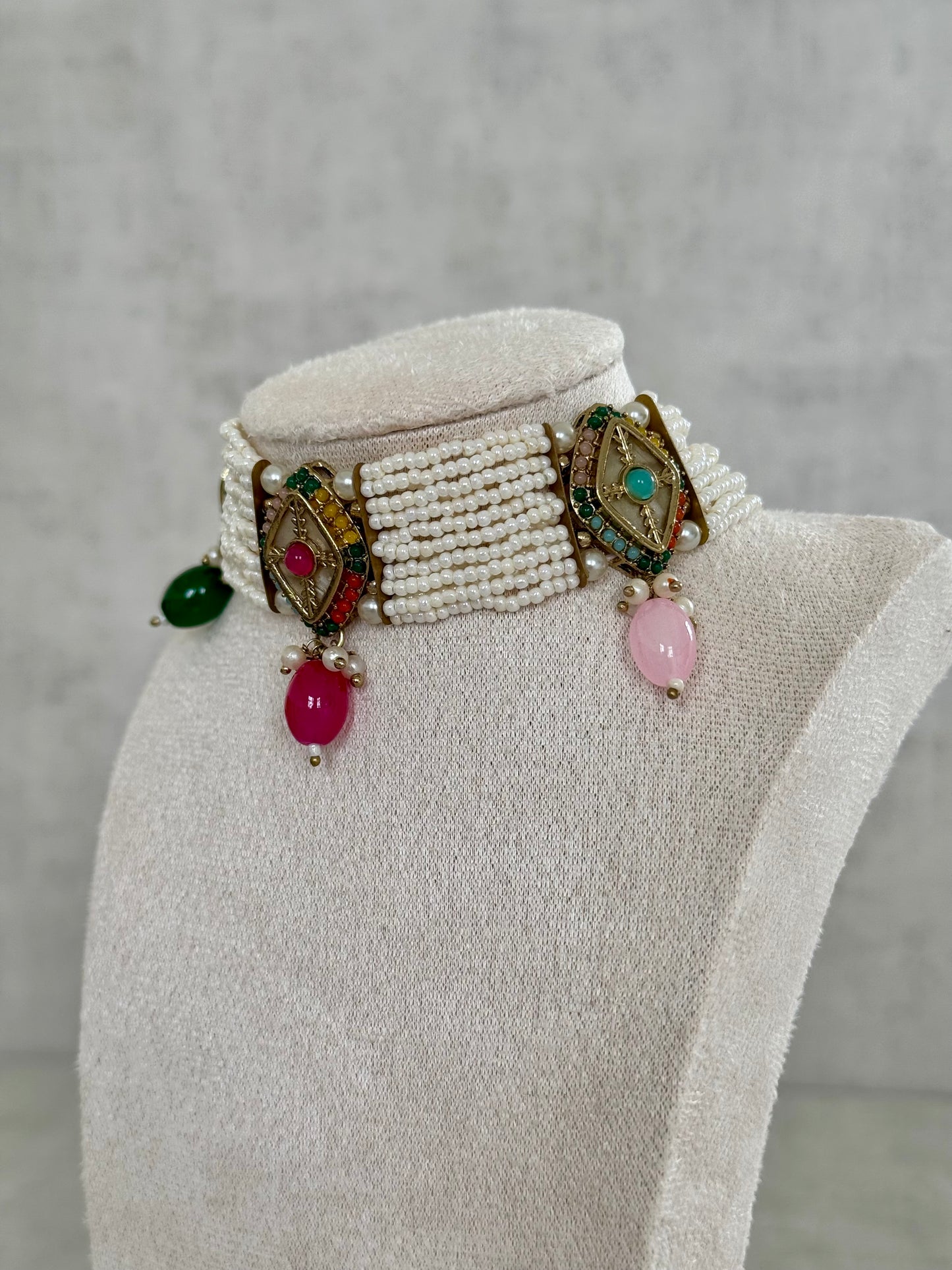 Ayura Designs Ariana Choker Set with Jhumkis – Kundan & Multicolor Beads in Antique Gold
