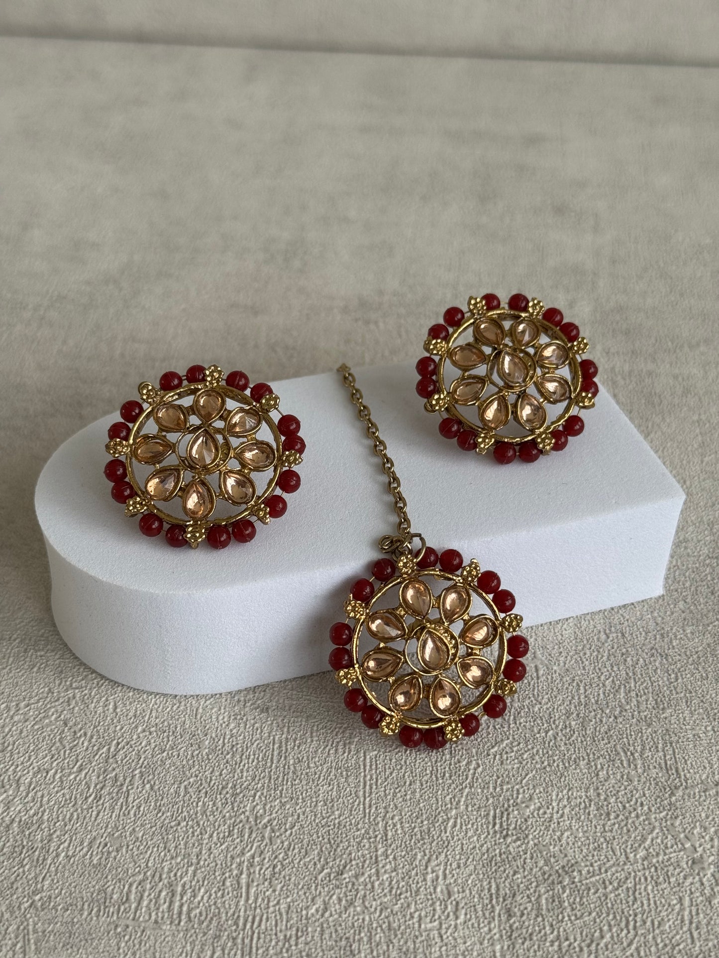 Ayura Designs Hala Set with Tikka & Studs – Maroon Beads & Champagne Kundan