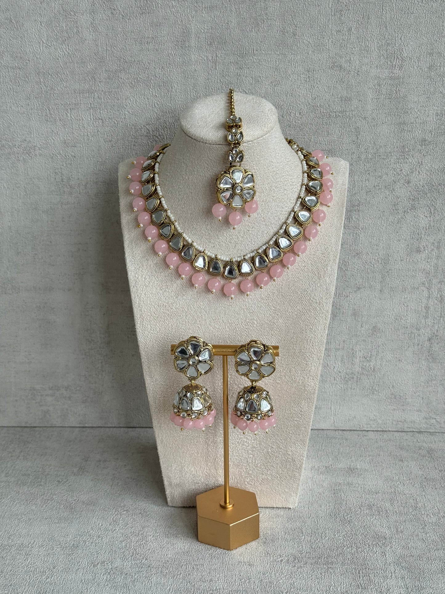 Ayura Designs Mishal Set with Jhumkis & Tikka – Blush Pink Beads & Mirror-Cut Stones