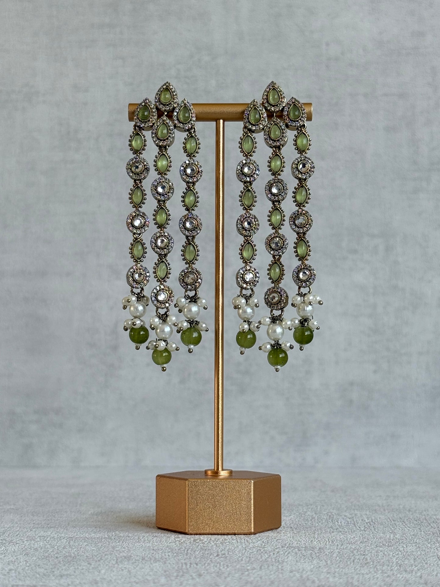 Ayura Designs Emilia Earrings – Gold Triple Strand Statement Earrings with Olive Green Stones & Pearl Drops