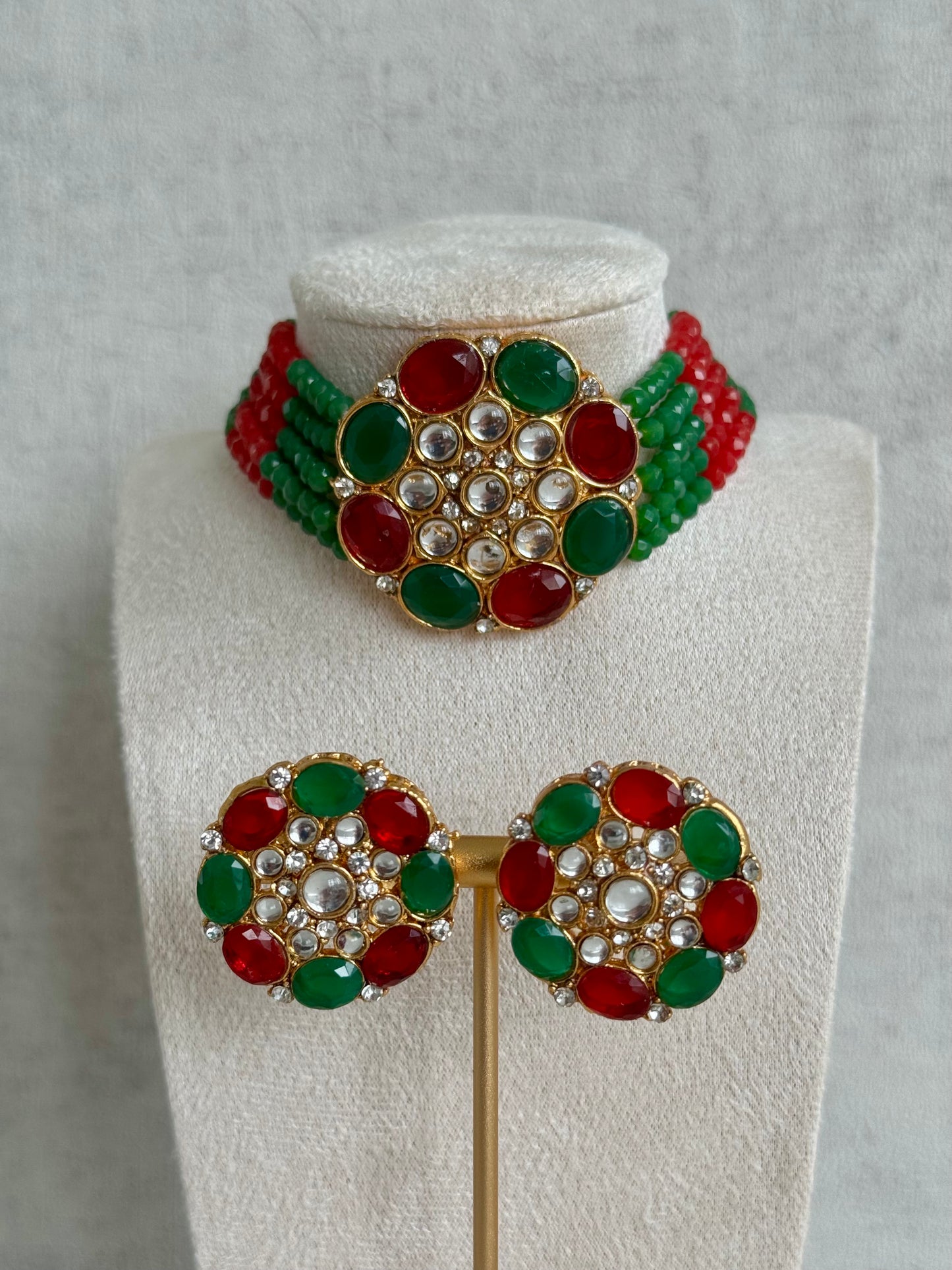 Ayura Designs Yasmin Kundan Choker Set with Studs – Dove Grey Beads & Mirror-Cut Stones