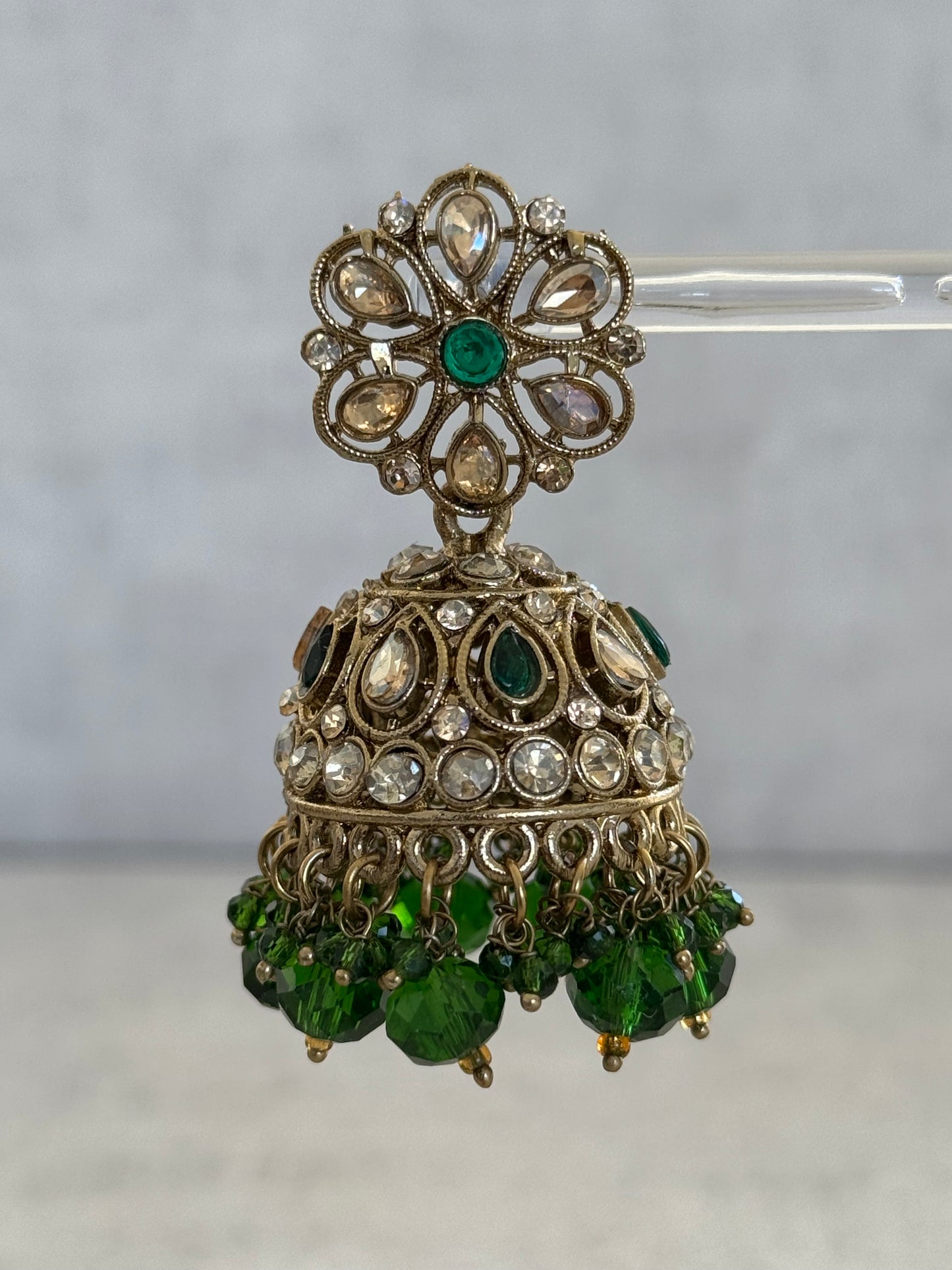 Ayura Designs Hookum Antique Gold Tikka Set – Elegant Earrings & Tikka with Olive Green Bead Accents