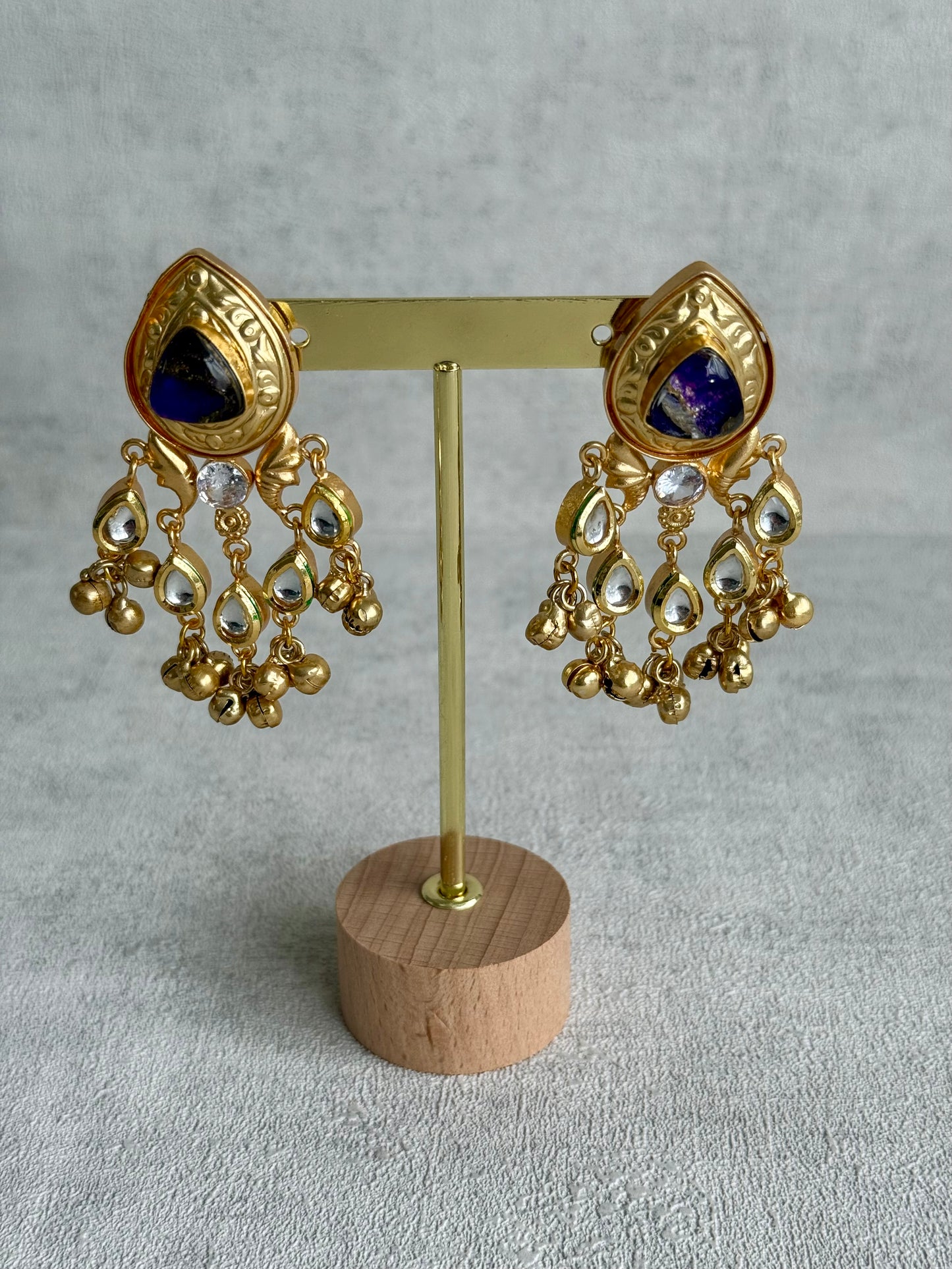 Ayura Designs Arheer Earrings – Violet Marble with Kundan Detailing & Antique Gold Ghungroos