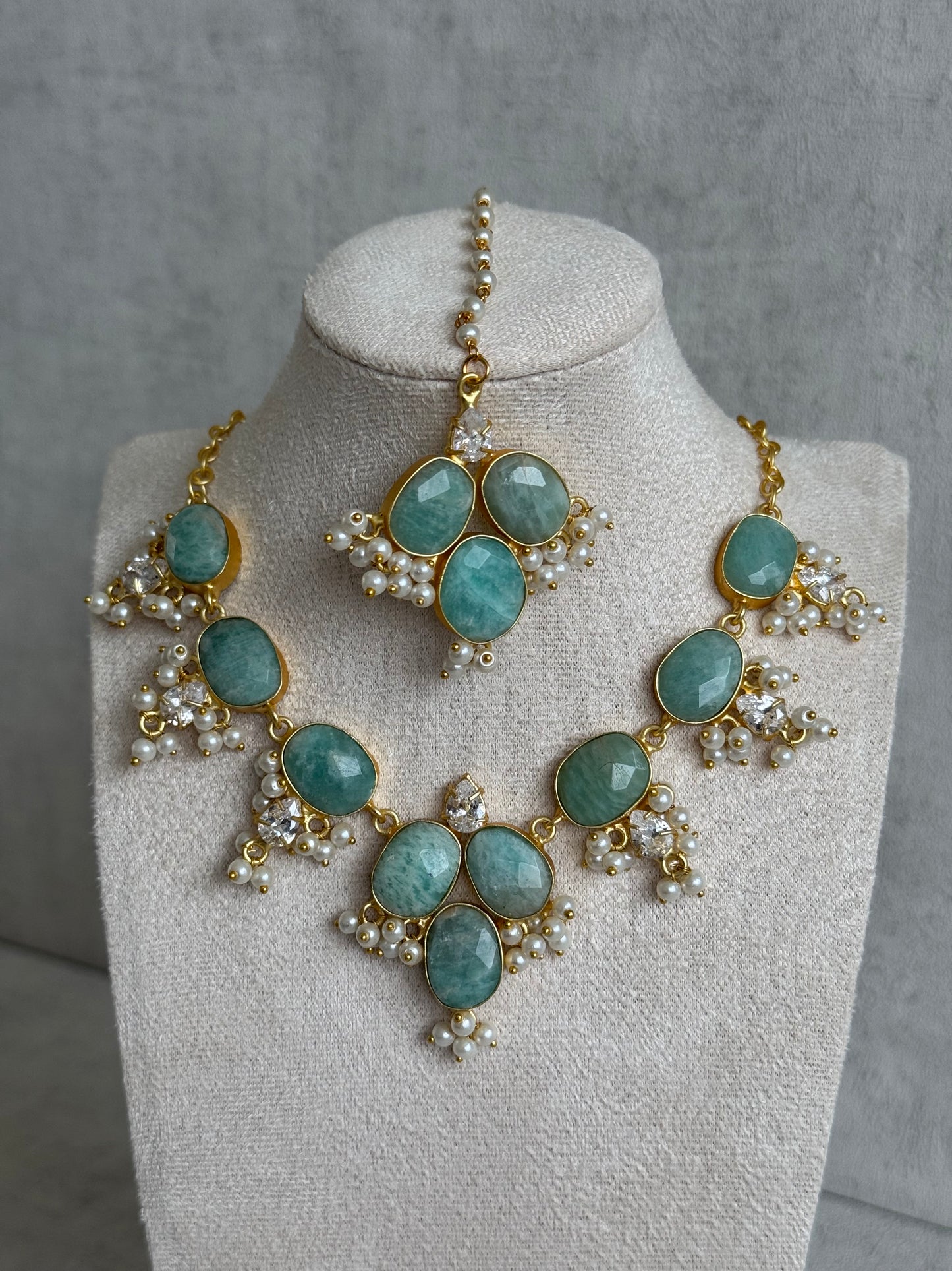 Ayura Designs Anahita Set with Tikka & Earrings – Amazonite, Crystals & Pearls