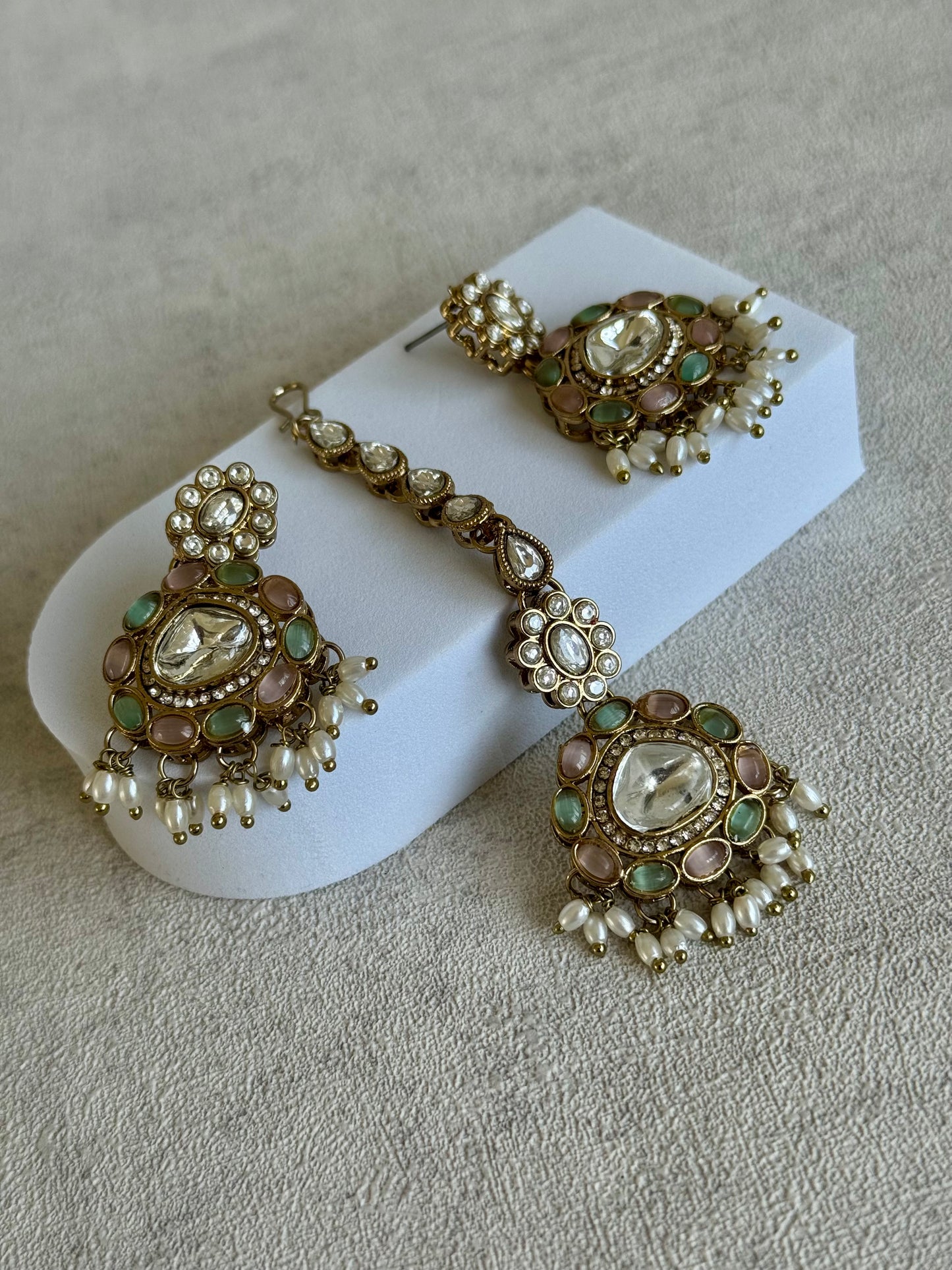 Ayura Designs Warda Set with Earrings & Tikka – Pistachio Green & Blush Pink Stones, Pearls & Antique Gold Finish