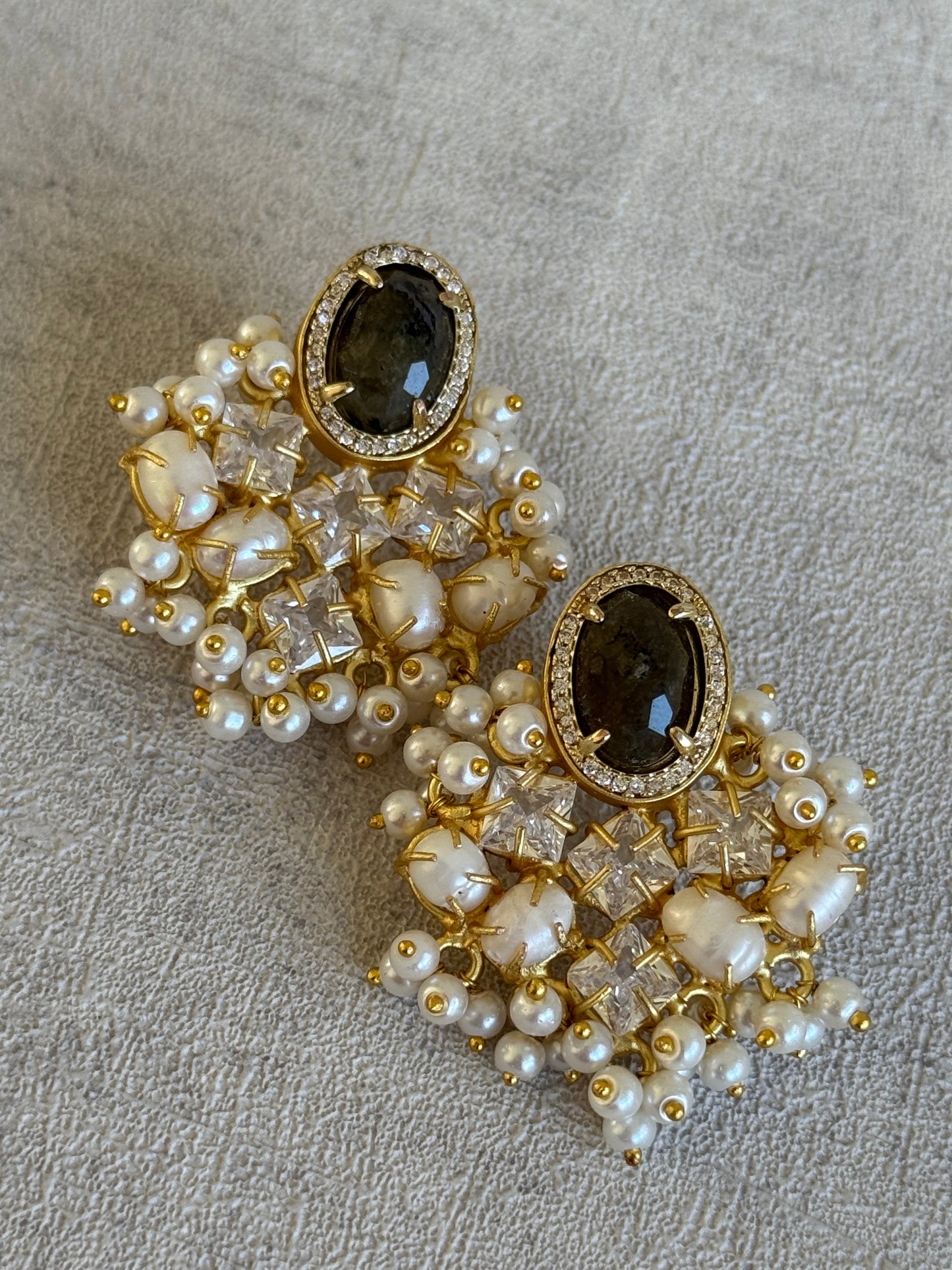 Ayura Designs Celeste Earrings – Dark Quartz, Baroque Pearls & Crystals