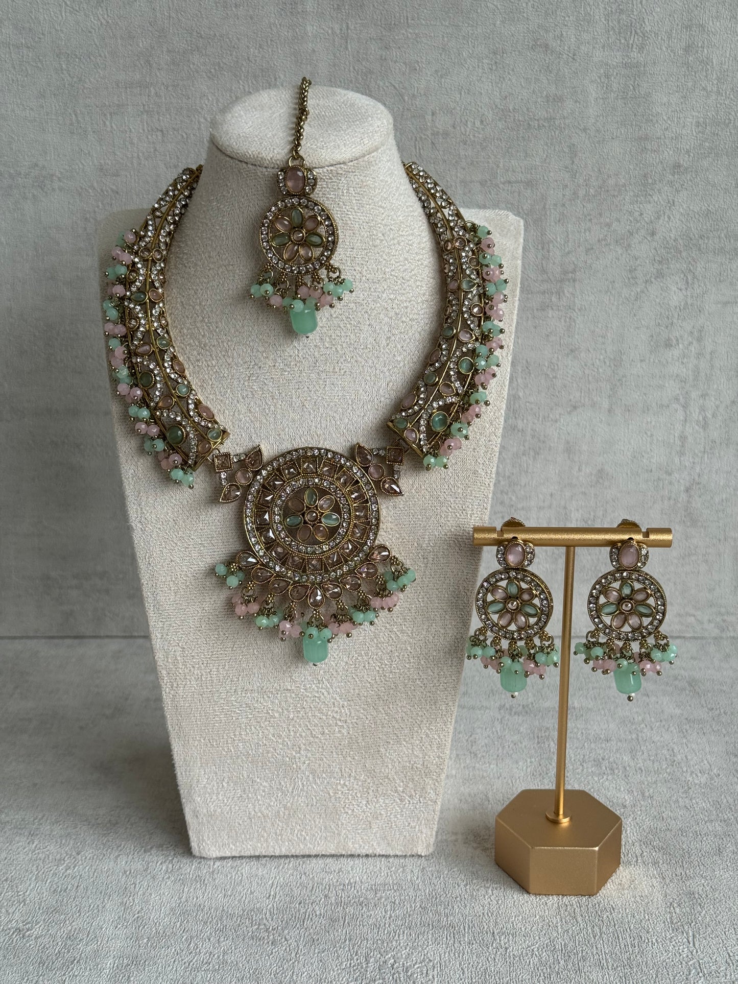 Ayura Designs Niya Set with Necklace, Earrings & Tikka – Blush Pink & Pistachio Green Beads, Antique Gold & Pastel Floral Motifs