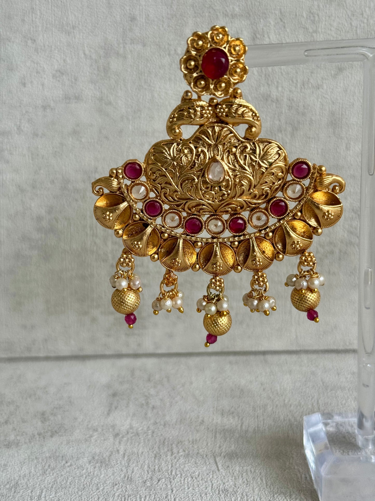 Ayura Designs Neera Earrings in Antique Gold with Red Glass Stones, Mirror-Cut Polki & Pearls