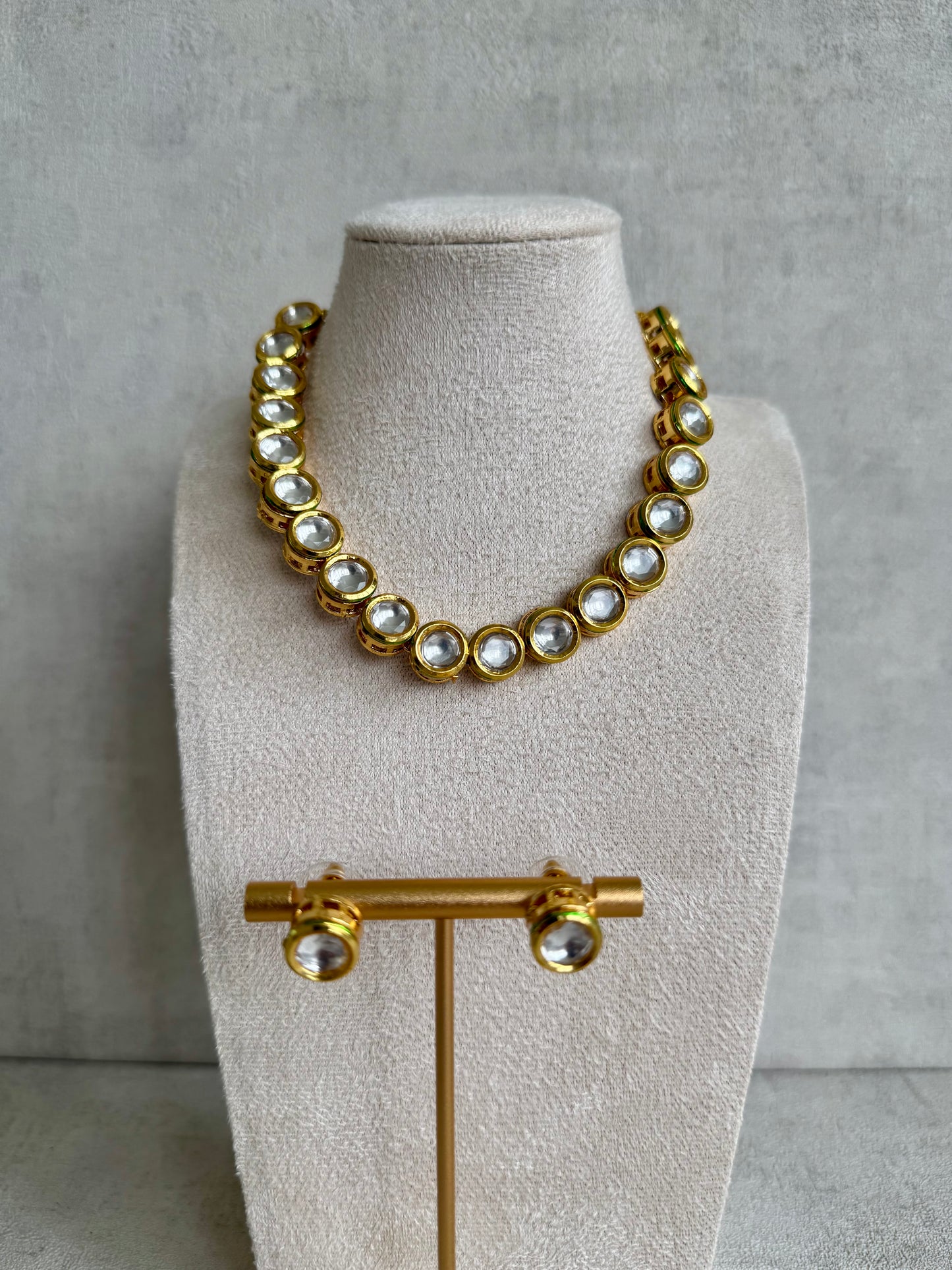 Ayura Designs Saanvi Set – Classic Gold Polished Kundan Necklace with Circular Clear Stones & Matching Stud Earrings