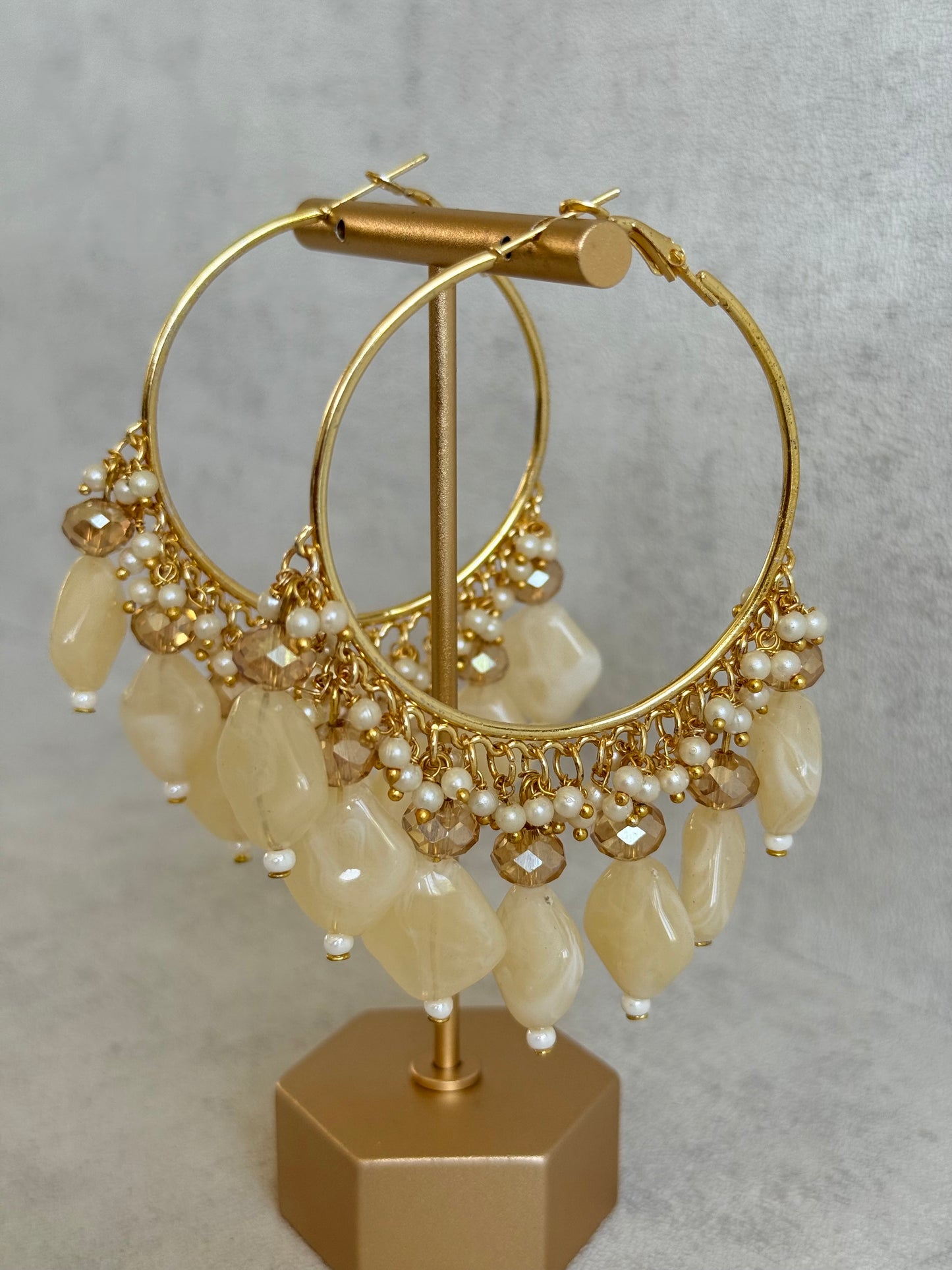 Ayura Designs Heer Balis – Gold Hoops with Ivory Pearl Marble Beads, Pearls & Crystal Detailing