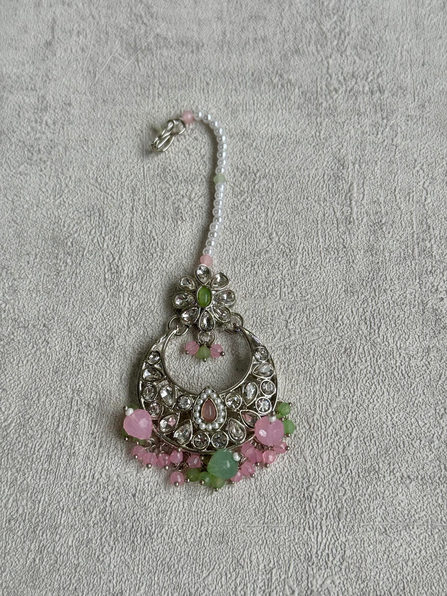 Ayura Designs Sara Set Earrings & Tikka - Exquisite Silver Adornments with Studded Polki Stones & Pink & Green Beads