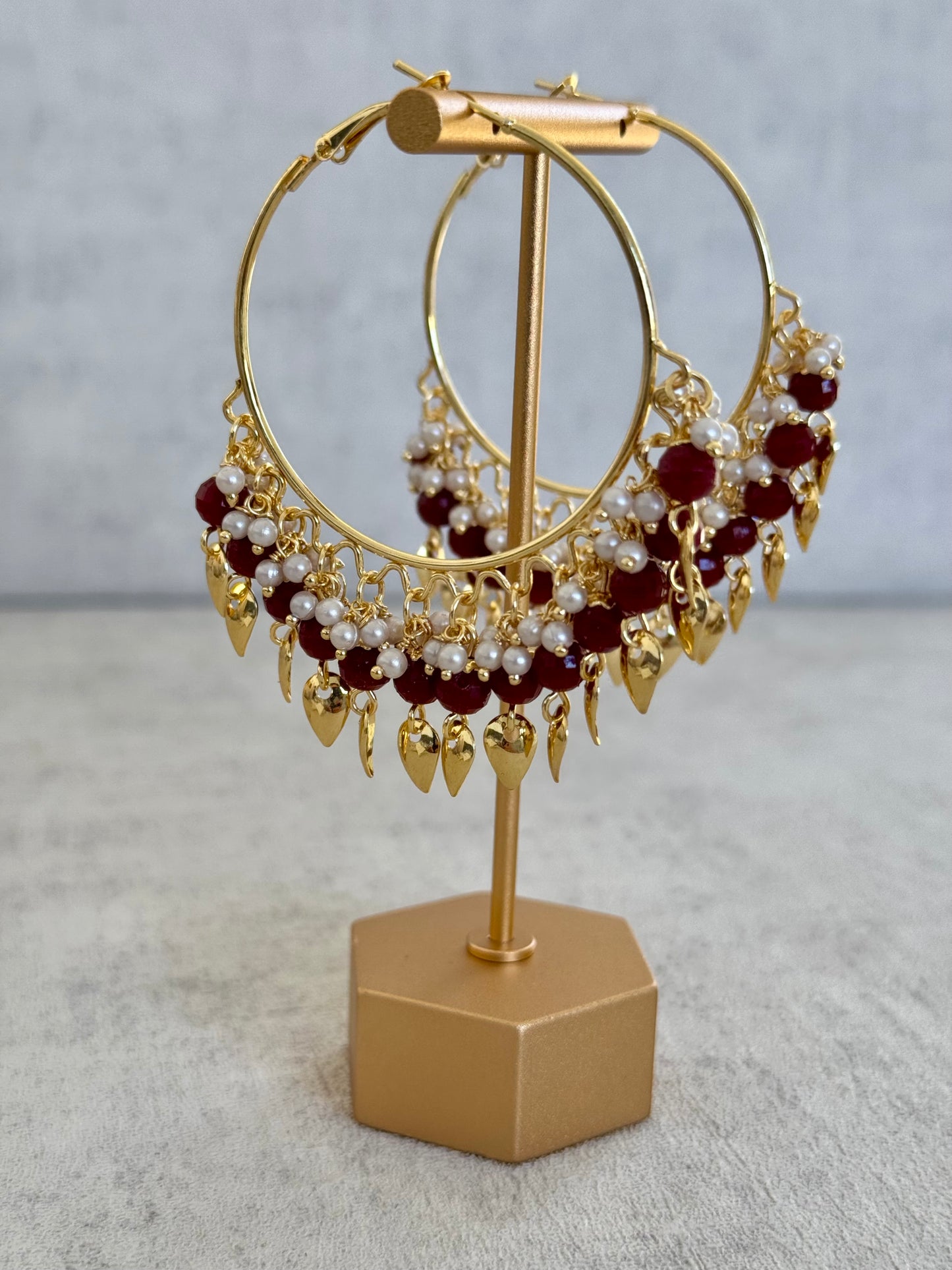Ayura Designs Riwaaz Bali – Ruby Red Beaded Hoops with Gold Leaf Charms