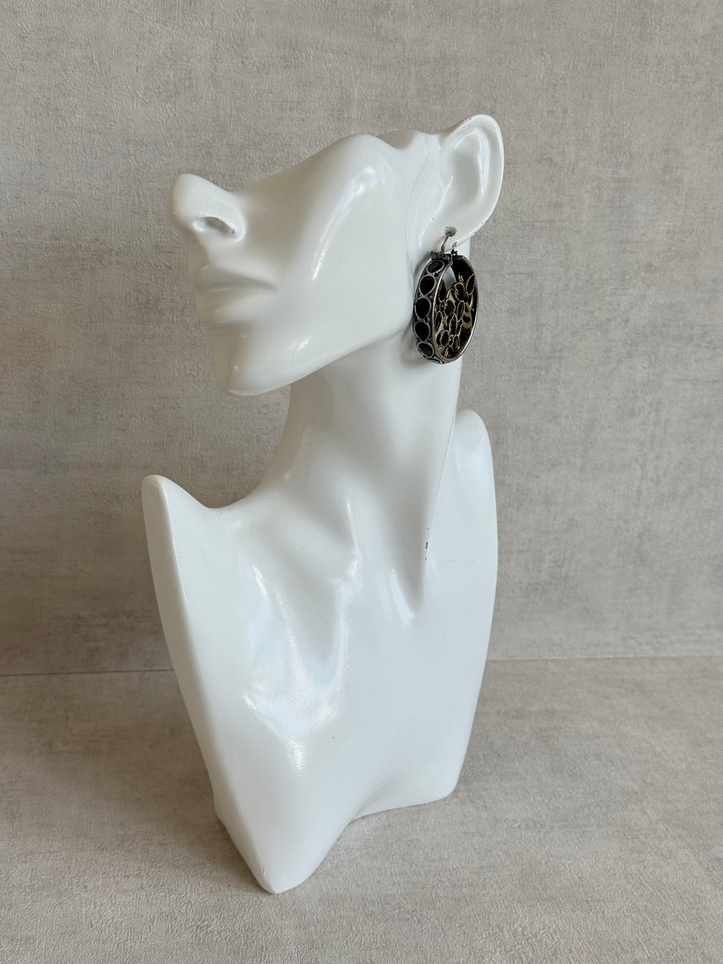 Ayura Designs Nureh Earrings – Dual Tone Floral Hoop Earrings with Black Stones & Cutwork Detailing