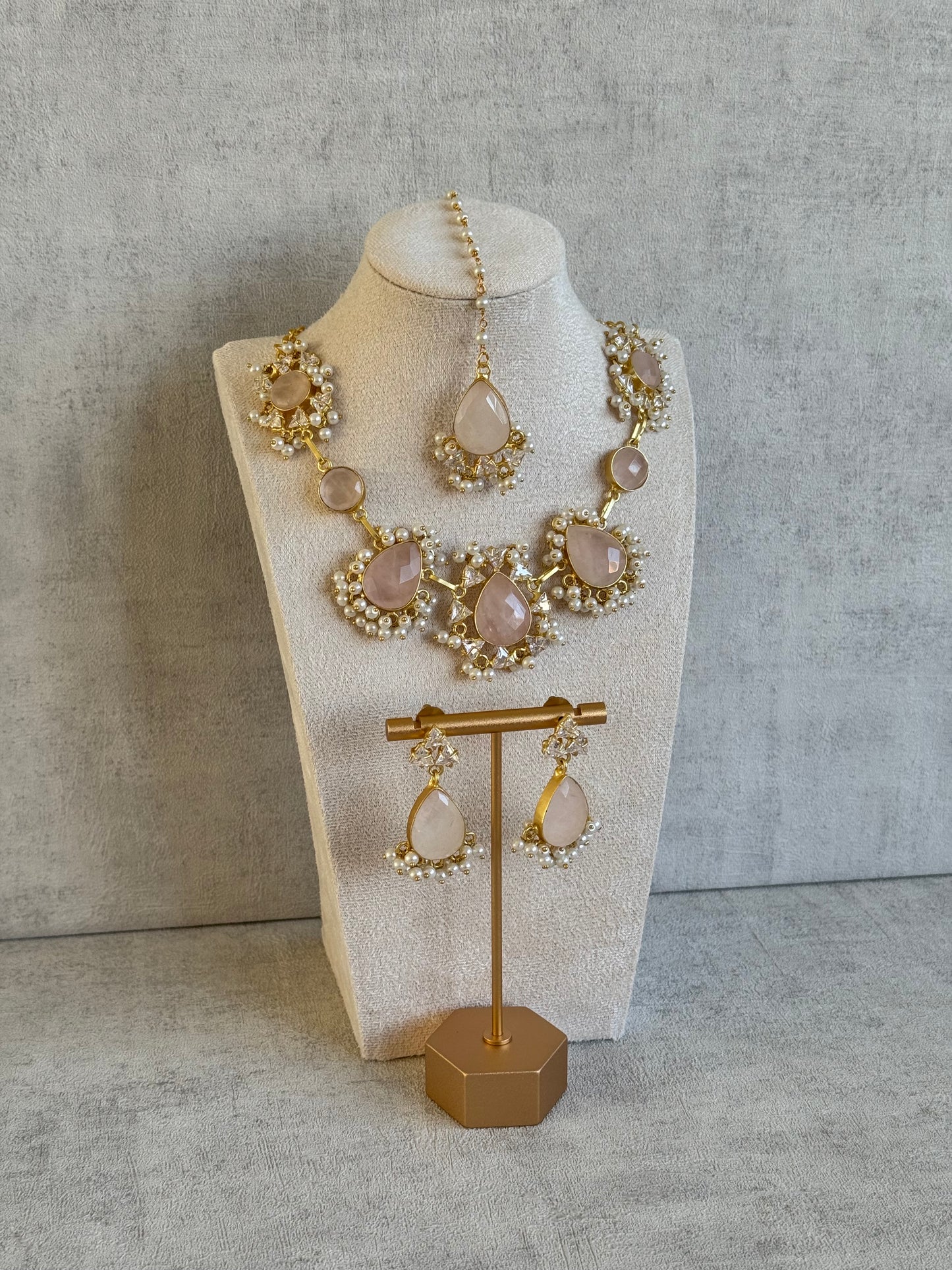 Ayura Designs Rosa Set with Tikka & Earrings – Rose Quartz, Crystals & Pearls