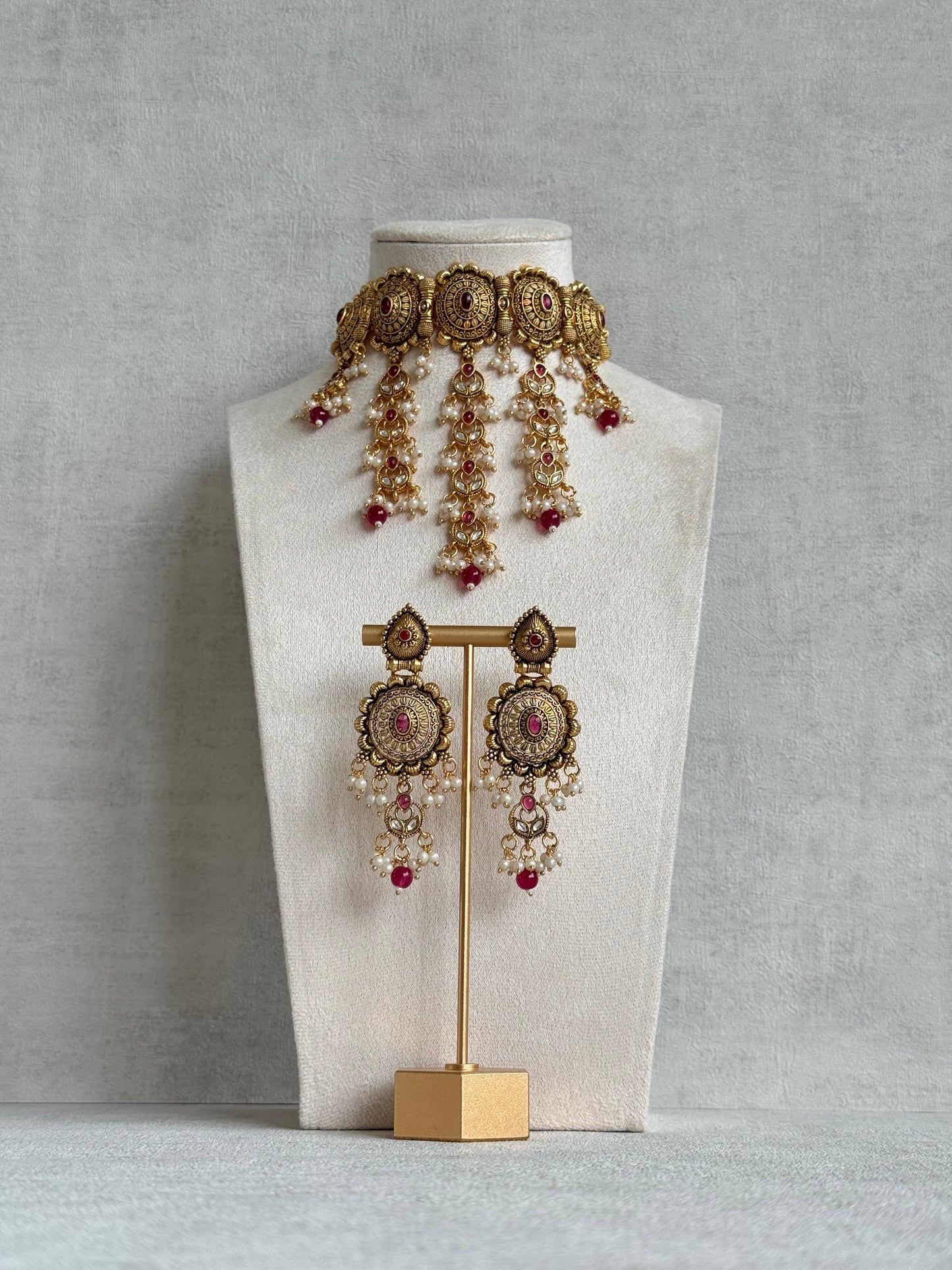 Ayura Designs Kabini Choker Set with Earrings – Gold Kundan Waterfall Choker with Ruby Pink Beads & Pearls