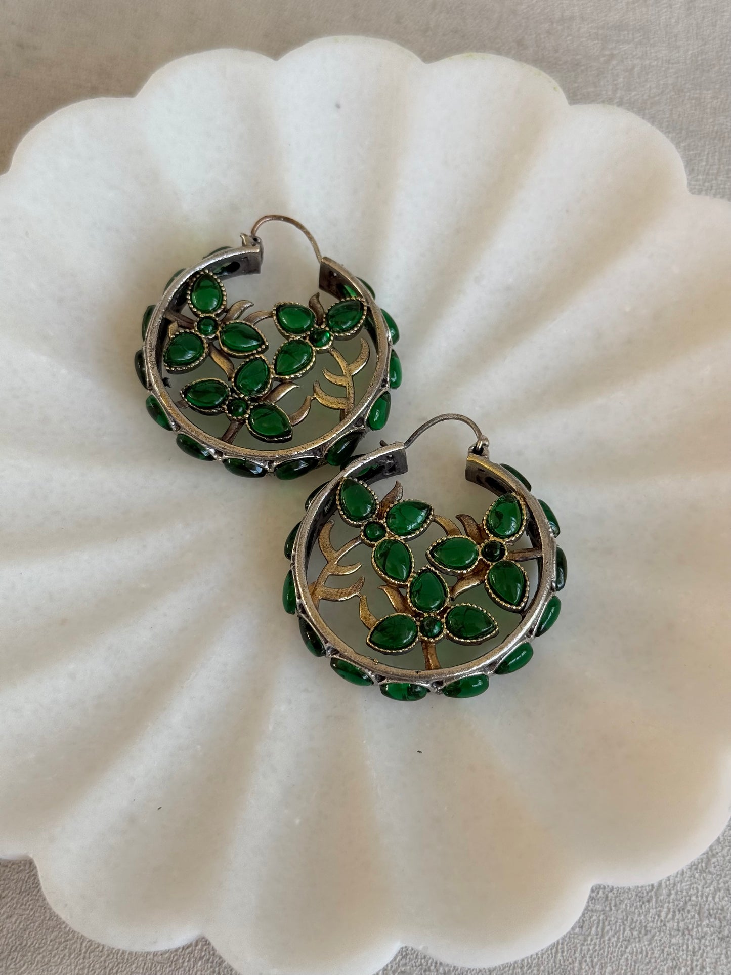 Ayura Designs Nureh Earrings – Dual Tone Floral Hoop Earrings with Emerald Green Stones & Cutwork Detailing