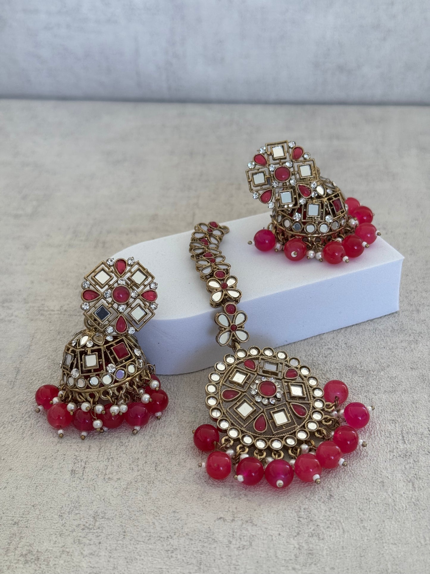 Ayura Designs Heer Tikka Set with Jhumkis – Carnelian Orange, Mirror & Polki Stonework