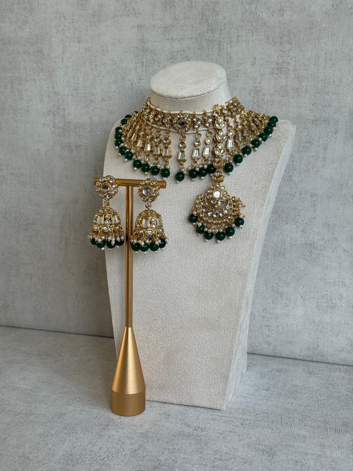 Ayura Designs Shaheen Set with Jhumkis & Tikka – Emerald Green Beads, Mirror Kundan & Gold Finish