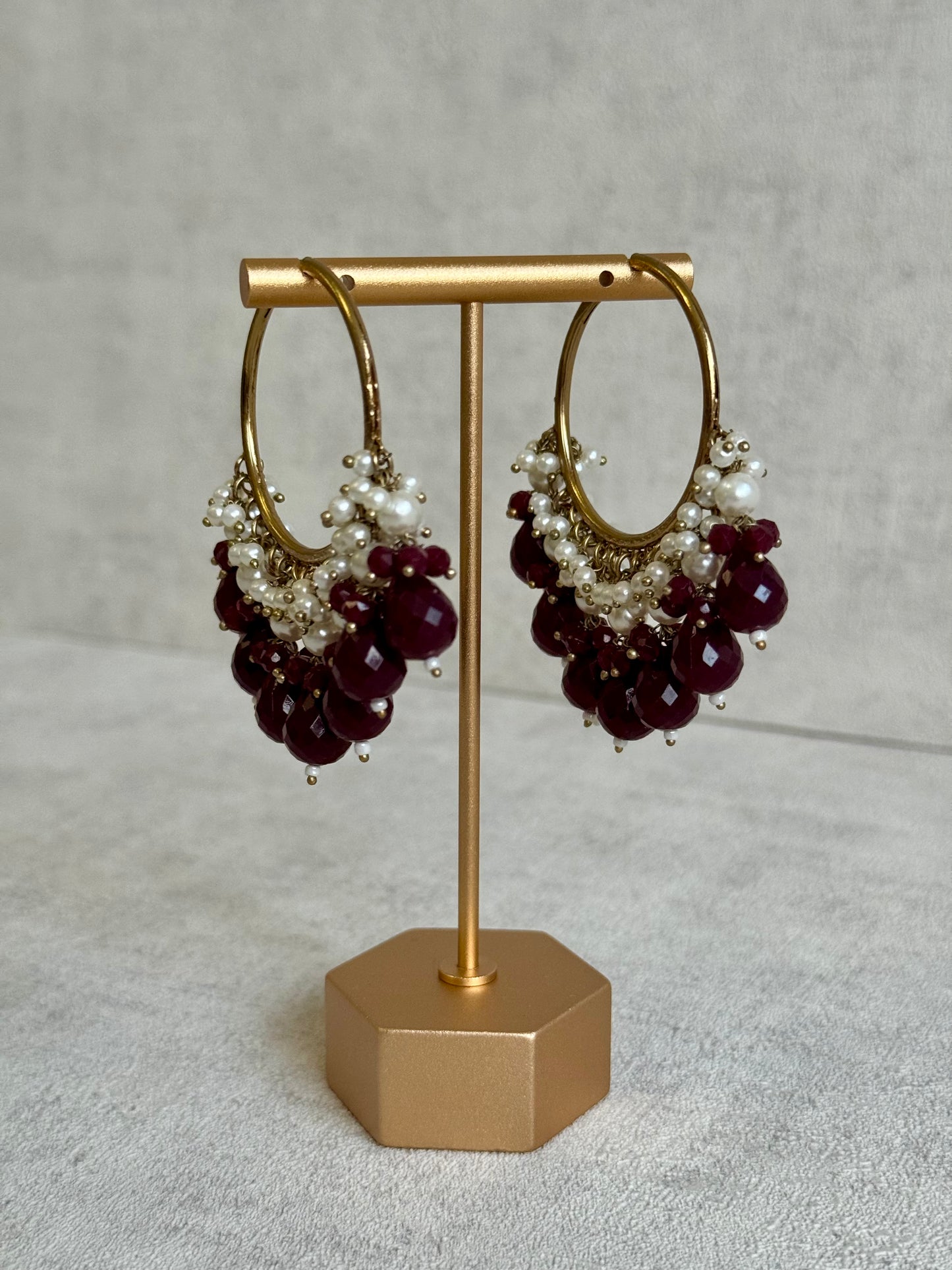 Ayura Designs Jhanak Balis – Pearl Hoops with Wine-Coloured Beads