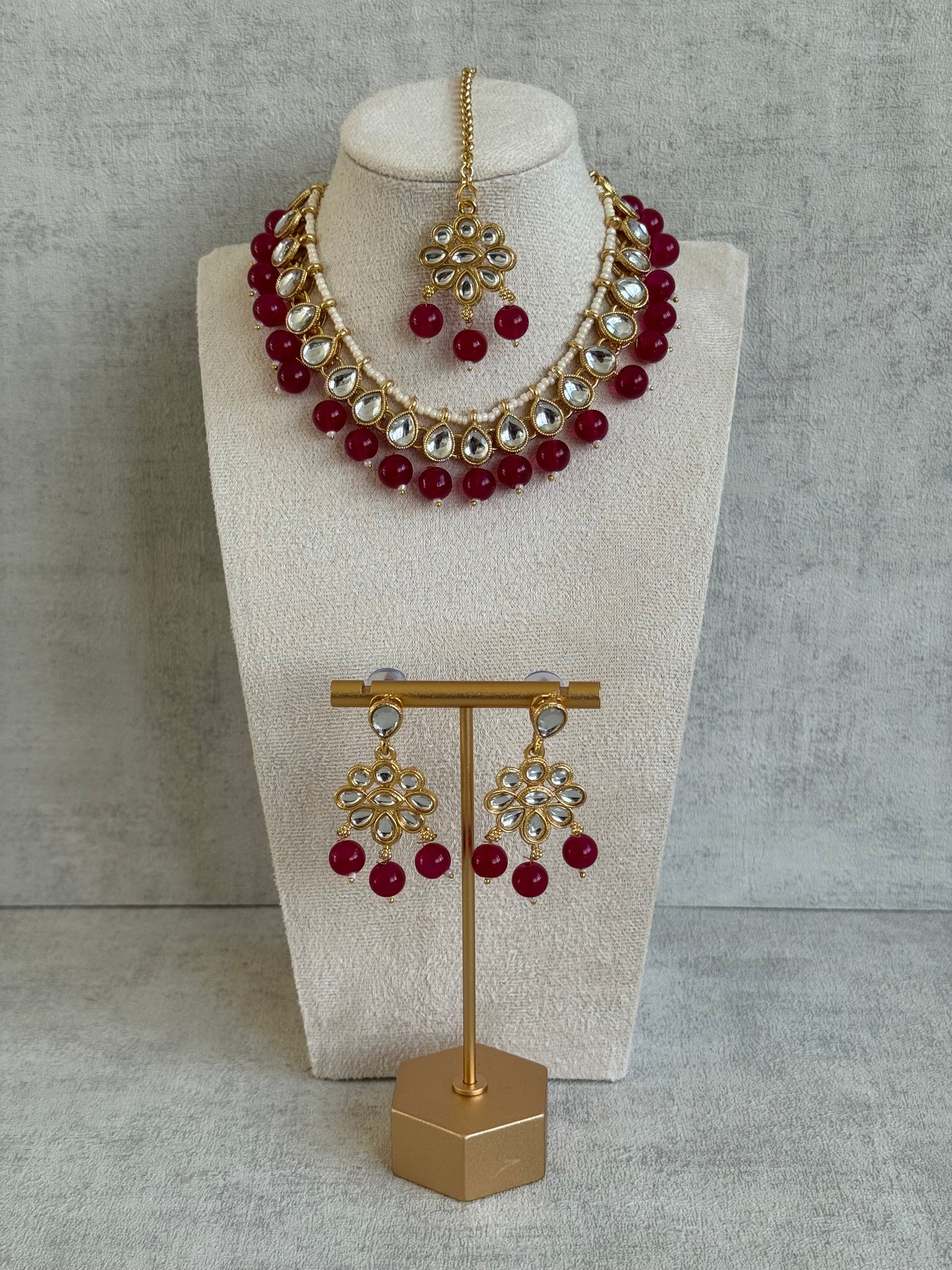 Ayura Designs Dalia Set with Earrings & Tikka – Magenta with Kundan & Floral Motifs