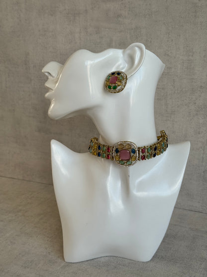 Ayura Designs Kiara Choker Set with Stud Earrings – Multicolour Stones, Moissanite Brilliance & Antique Gold Finish
