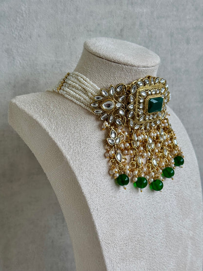 Ayura Designs Maya Set with Jhumkis & Tikka – Emerald Green Stones & Kundan Detailing