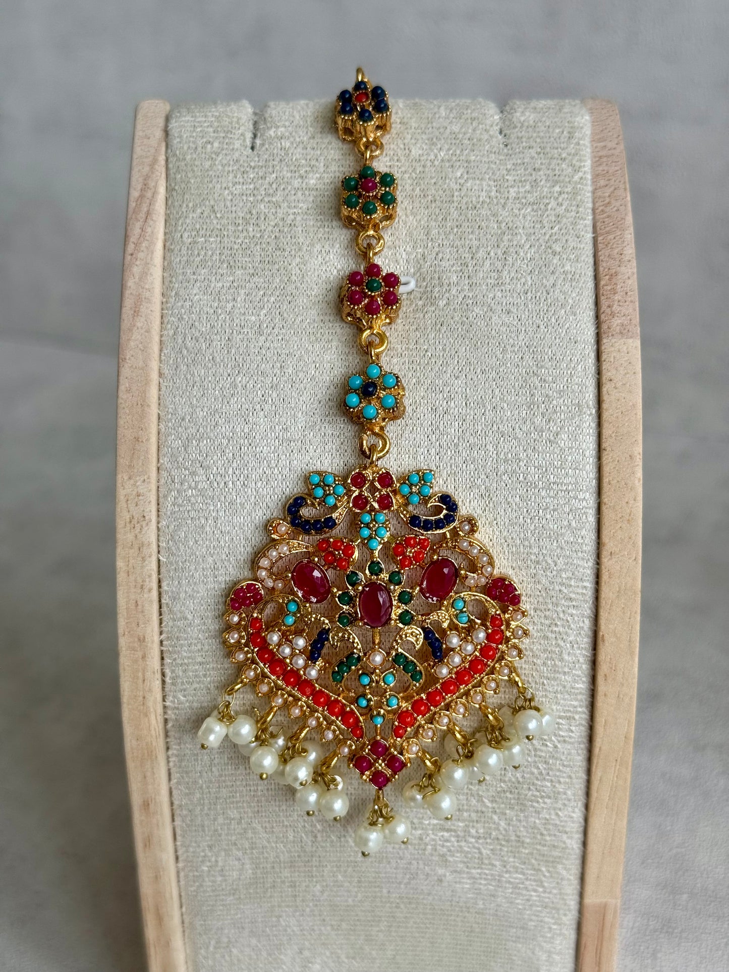 Ayura Designs Itrat Set with Choker, Earrings & Tikka – Antique Gold with Multicolour Stones & Pearl Detailing