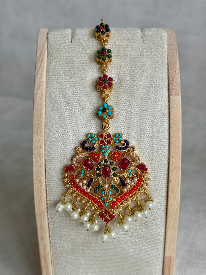 Ayura Designs Itrat Set with Choker, Earrings & Tikka – Antique Gold with Multicolour Stones & Pearl Detailing