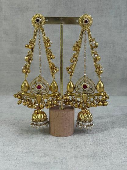 Ayura Designs Teja Earrings – Antique Gold Jhumkis with Ruby Stone & Pearl Detailing