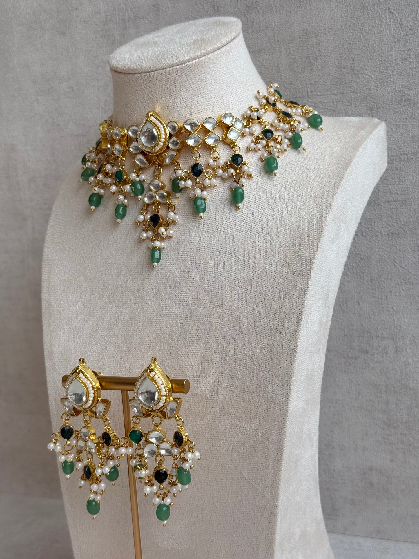 Ayura Designs Naksh Kundan Choker Set with Earrings & Emerald Green Bead Detailing
