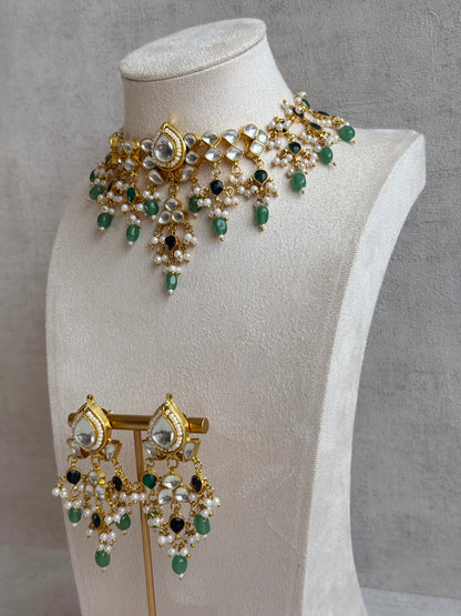 Ayura Designs Naksh Kundan Choker Set with Earrings & Emerald Green Bead Detailing